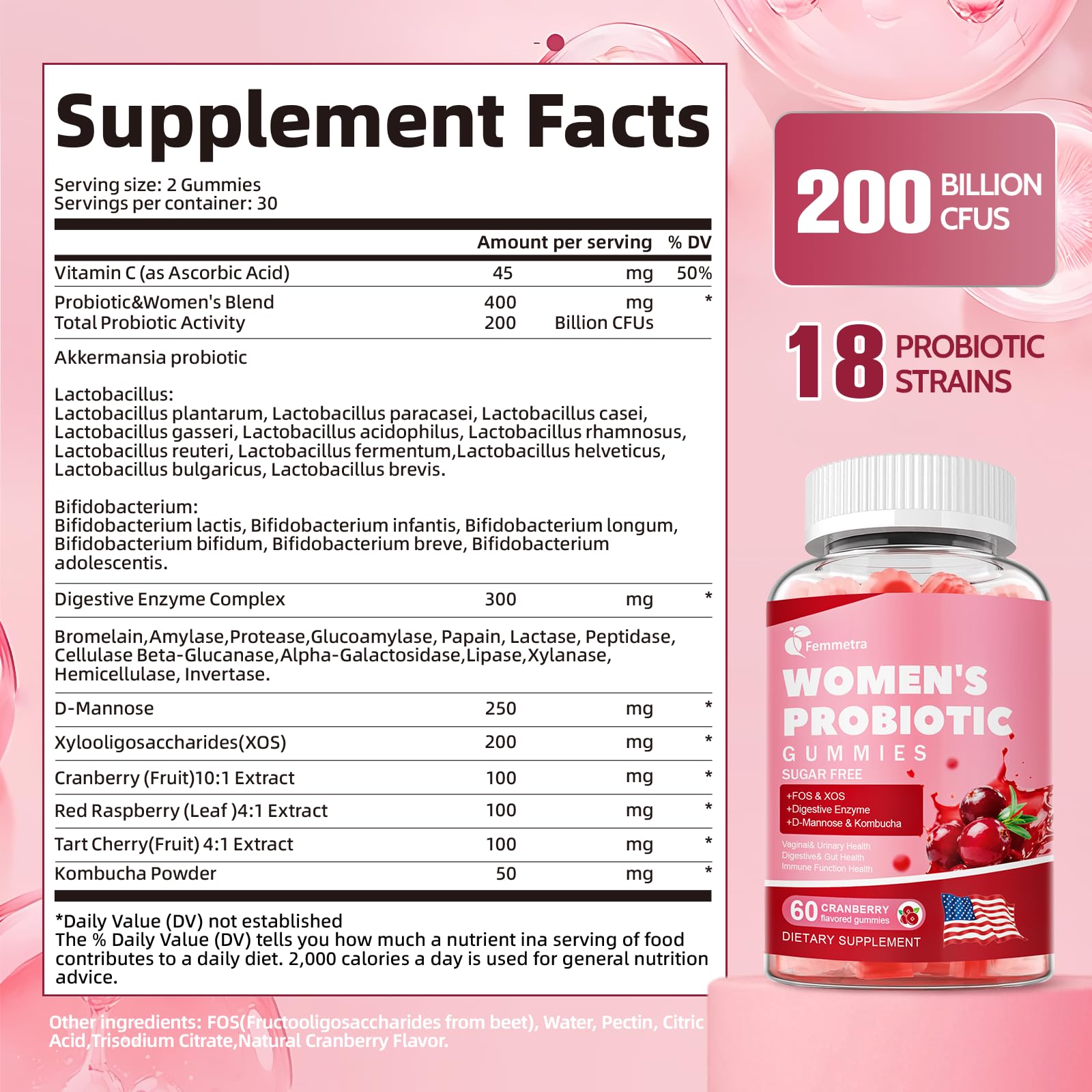 Femmetra Probiotics for Women 200 Billion CFU Gummies displayed with fresh cranberries