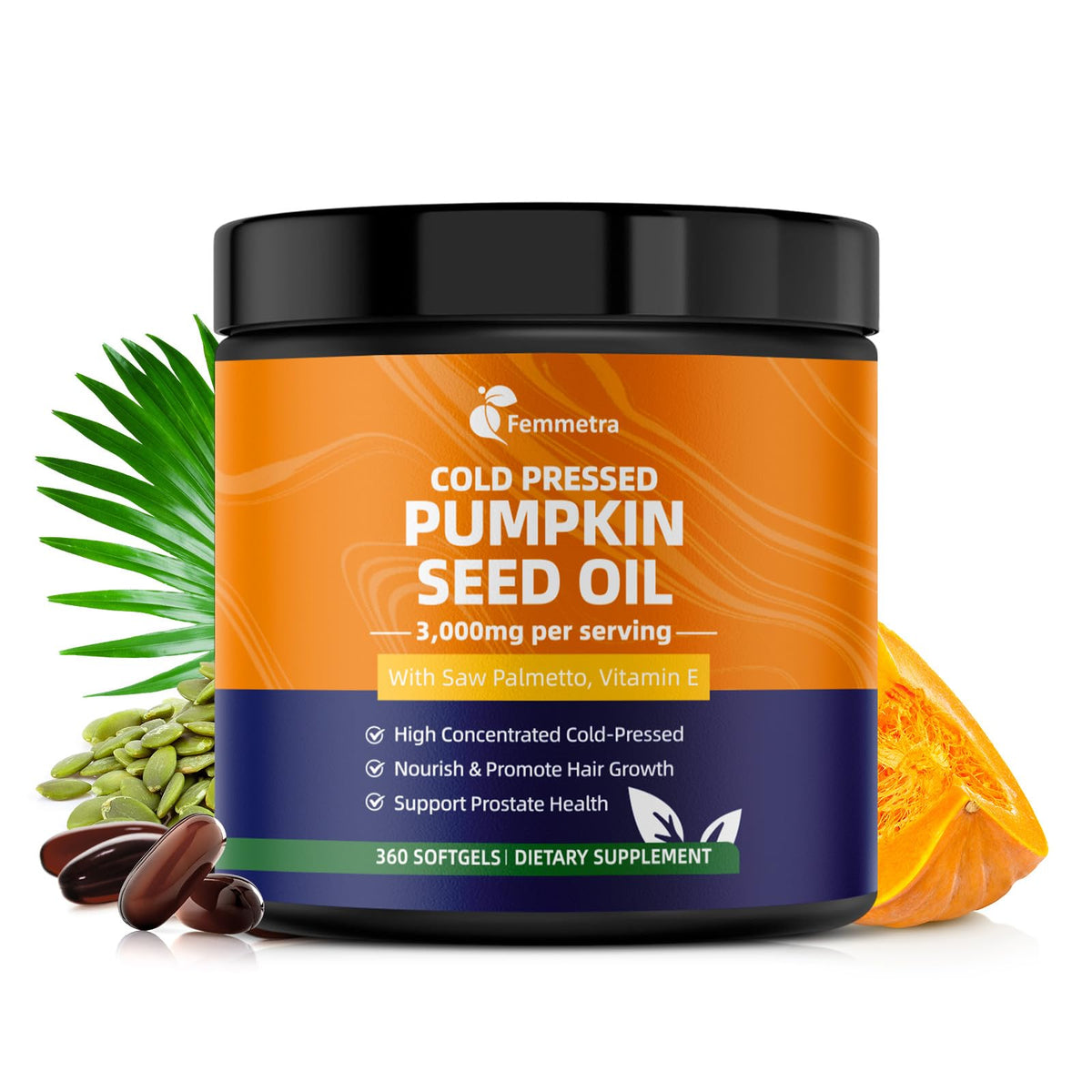 Femmetra Pumpkin Seed Oil Softgels 180 capsules front view