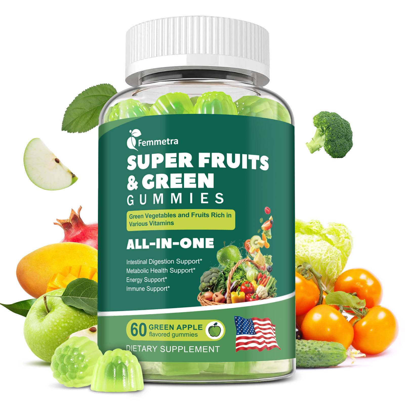 Femmetra Super Greens Gummies front view with packaging