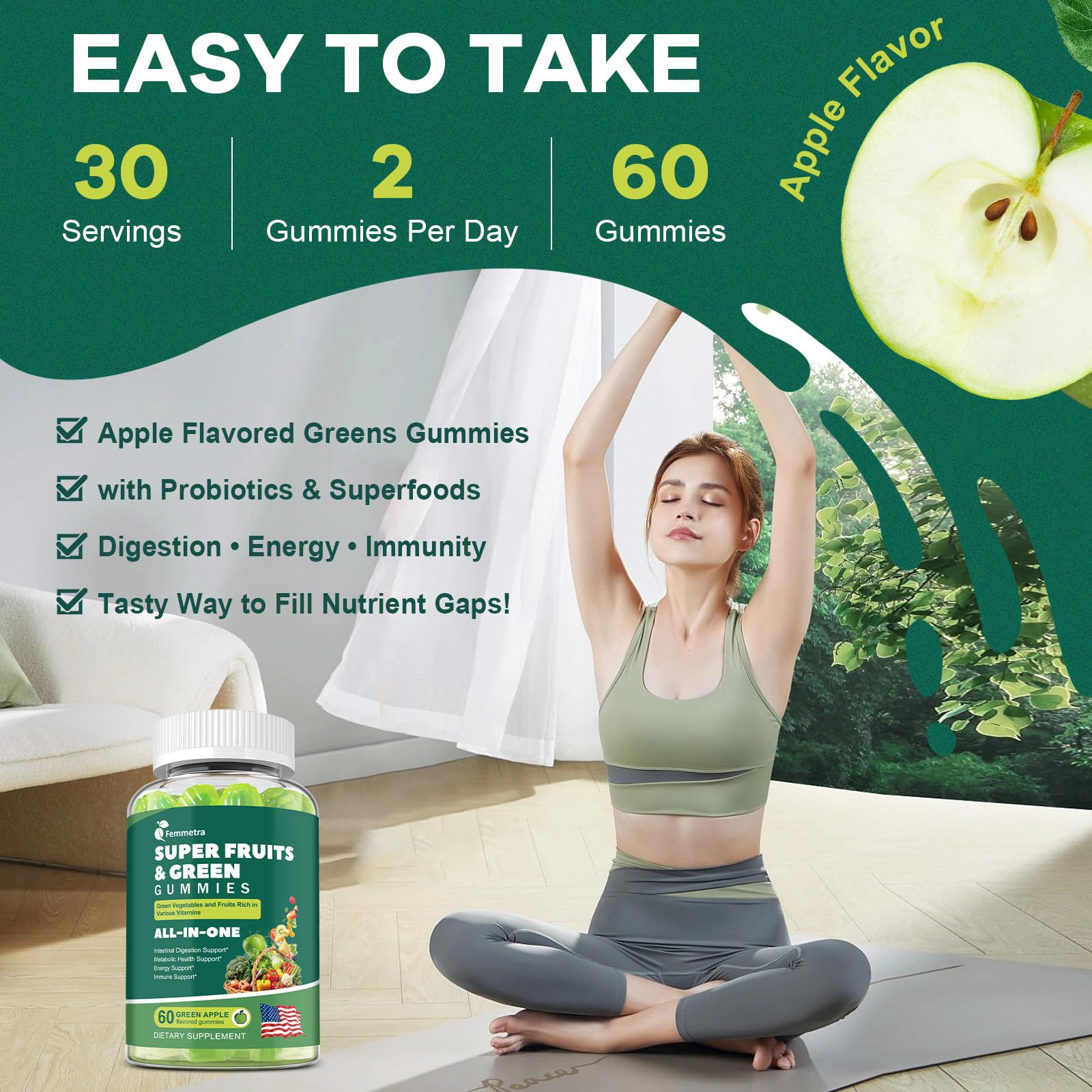 Femmetra Super Greens Gummies showing nutritional information