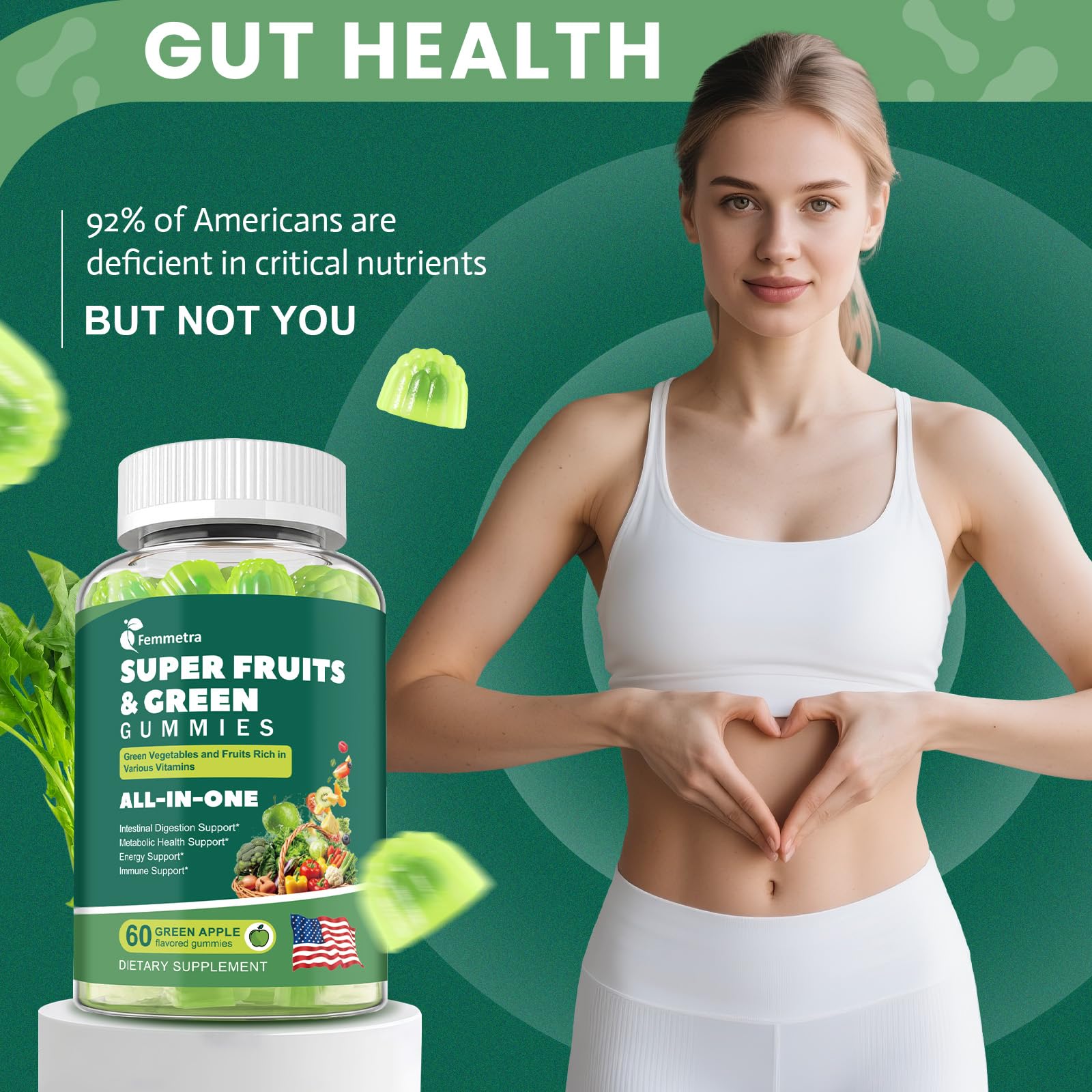 Femmetra Super Greens Gummies with green apple flavour description