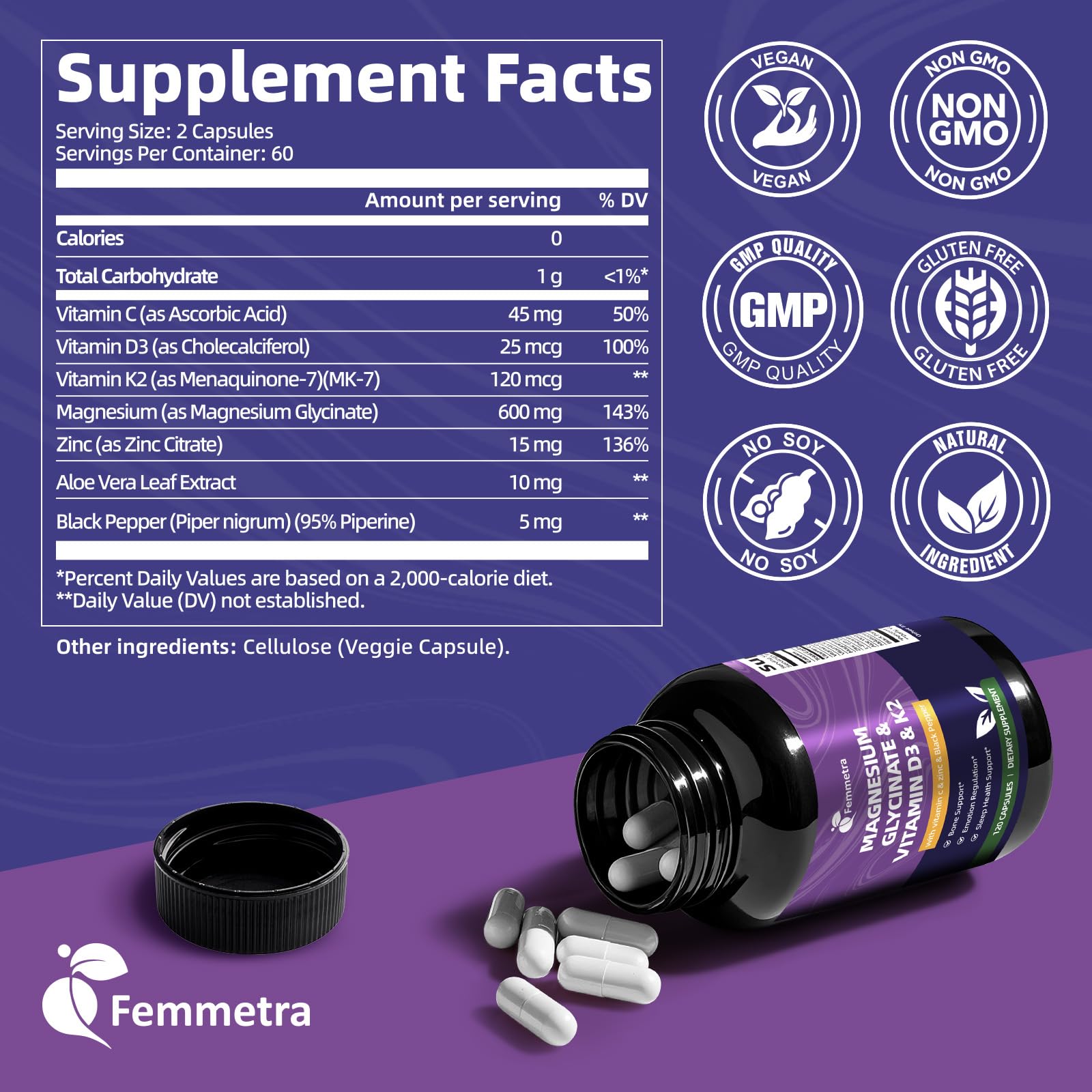 Femmetra supplement bottle with 60 capsules side view