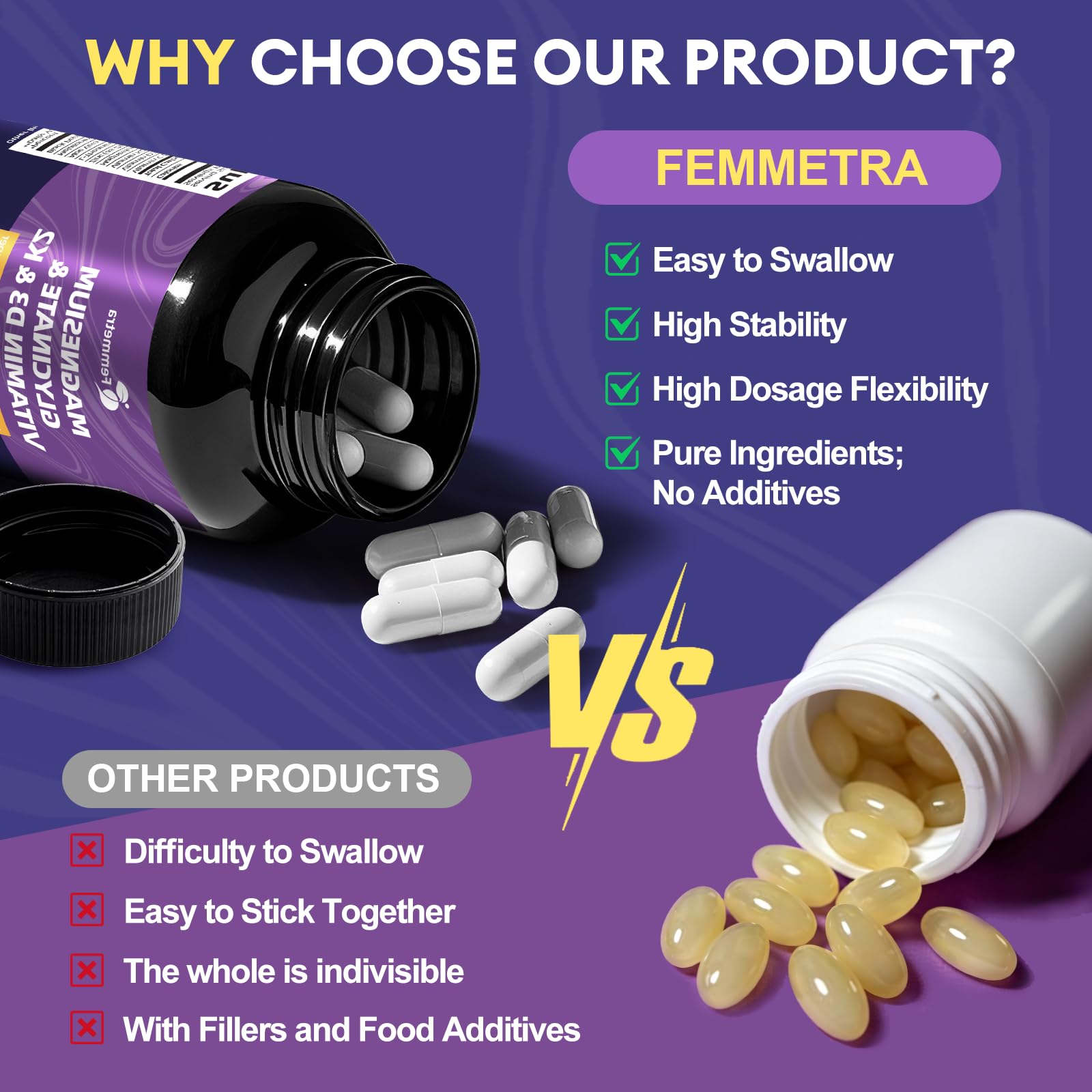 Femmetra supplement bottle with a measuring spoon