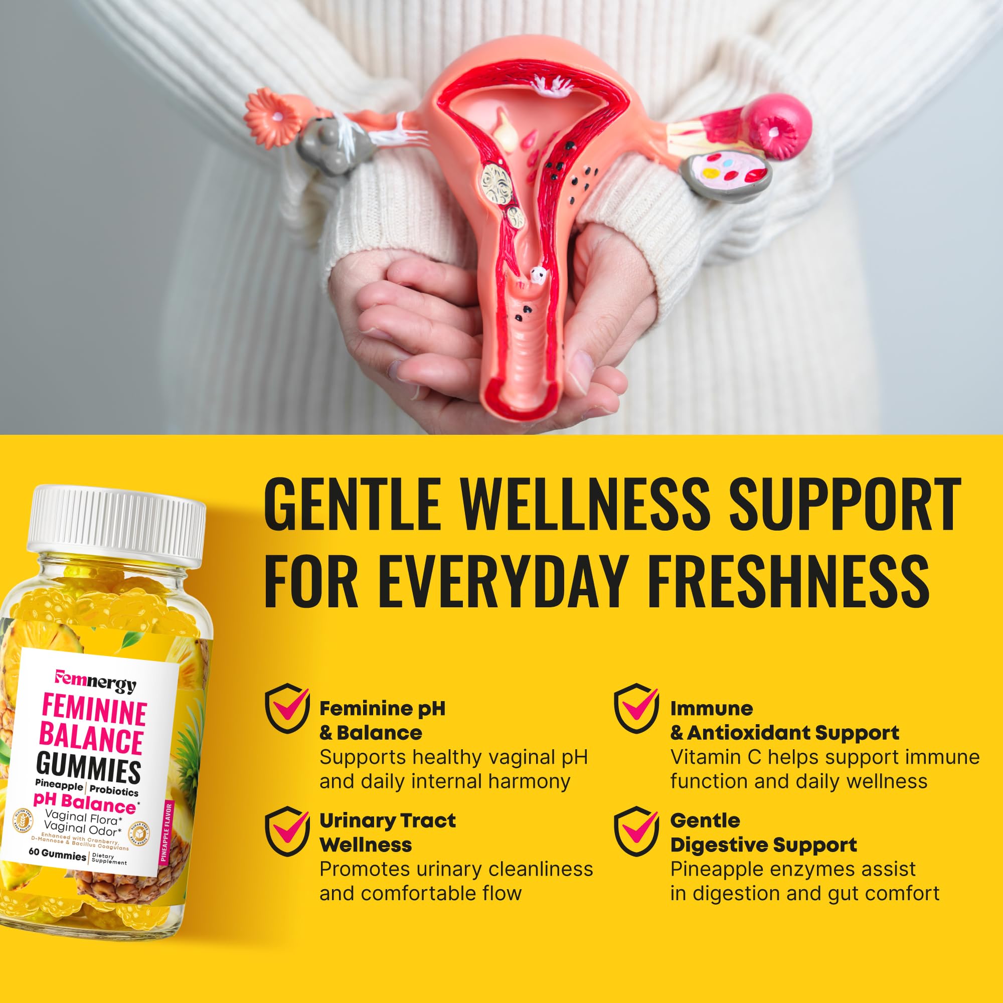 Femnergy Feminine Balance Gummies bottle with gummies displayed