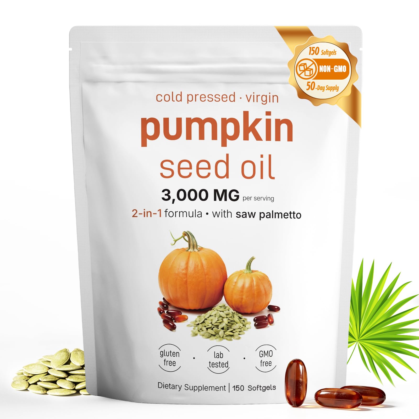Fenolutra Pumpkin Seed Oil and Saw Palmetto Supplement 150 Softgels front view