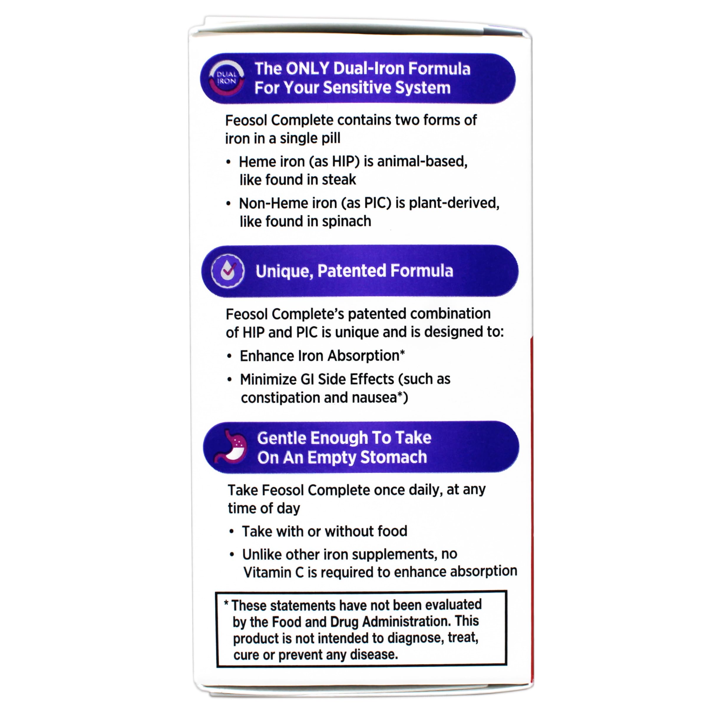 Feosol Complete Iron Supplement Caplets 28mg back view with ingredients