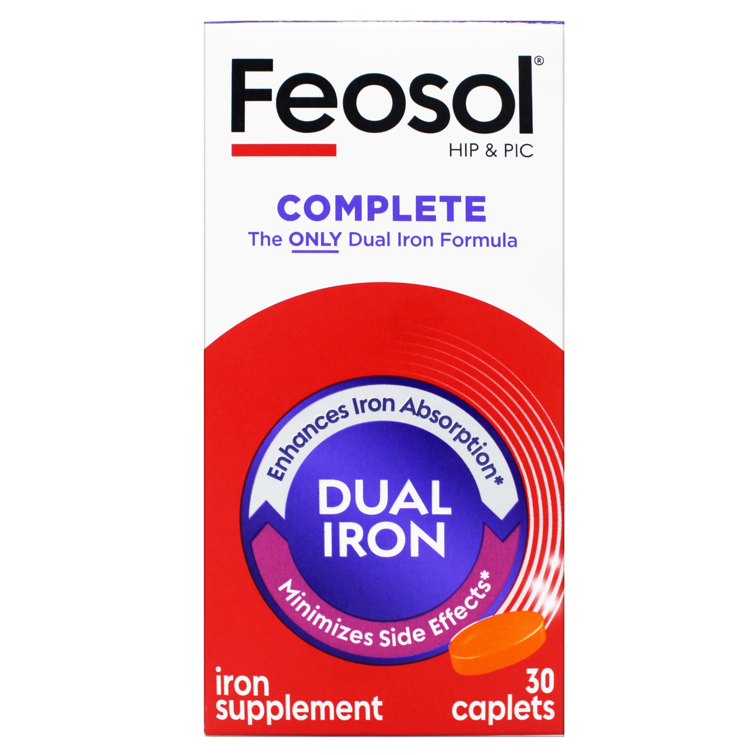Feosol Complete Iron Supplement Caplets 28mg bottle with caplets