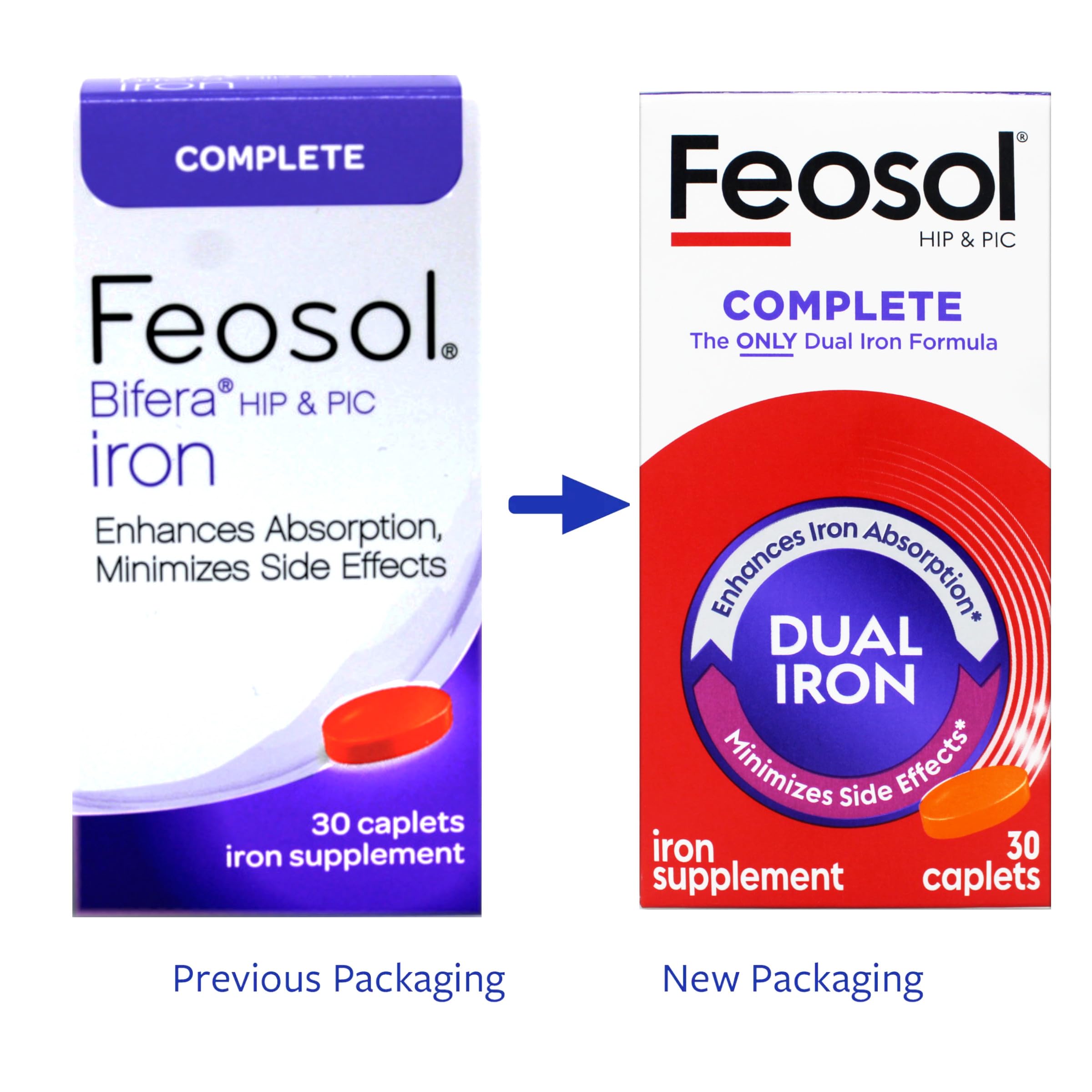 Feosol Complete Iron Supplement Caplets 28mg with dosage information