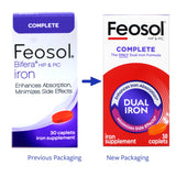 Feosol Complete Iron Supplement Caplets 28mg with dosage information