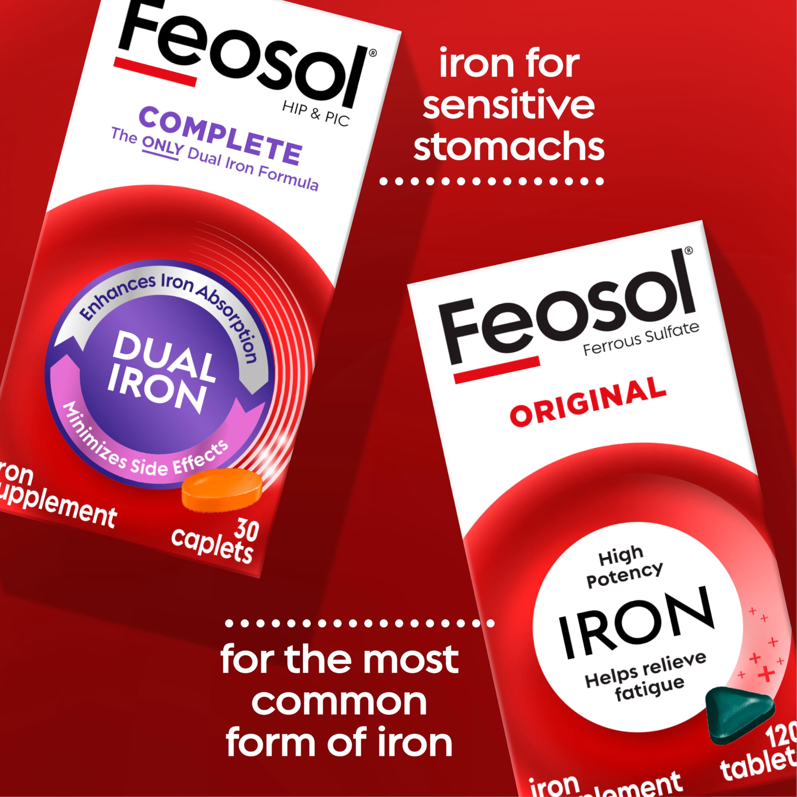 Feosol Complete Iron Supplement caplets in a hand