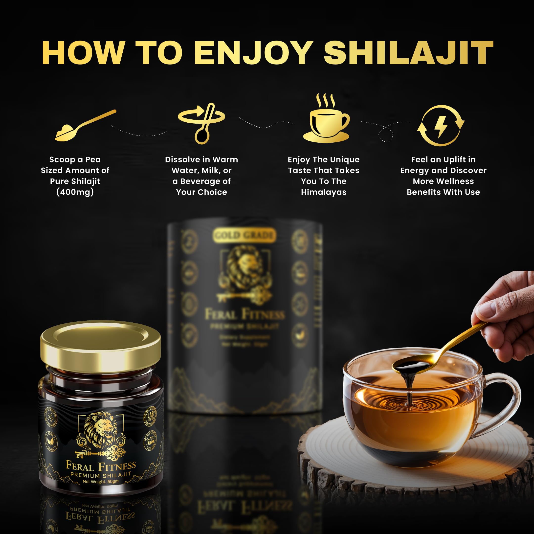 Feral Fitness Shilajit displayed with herbal supplements