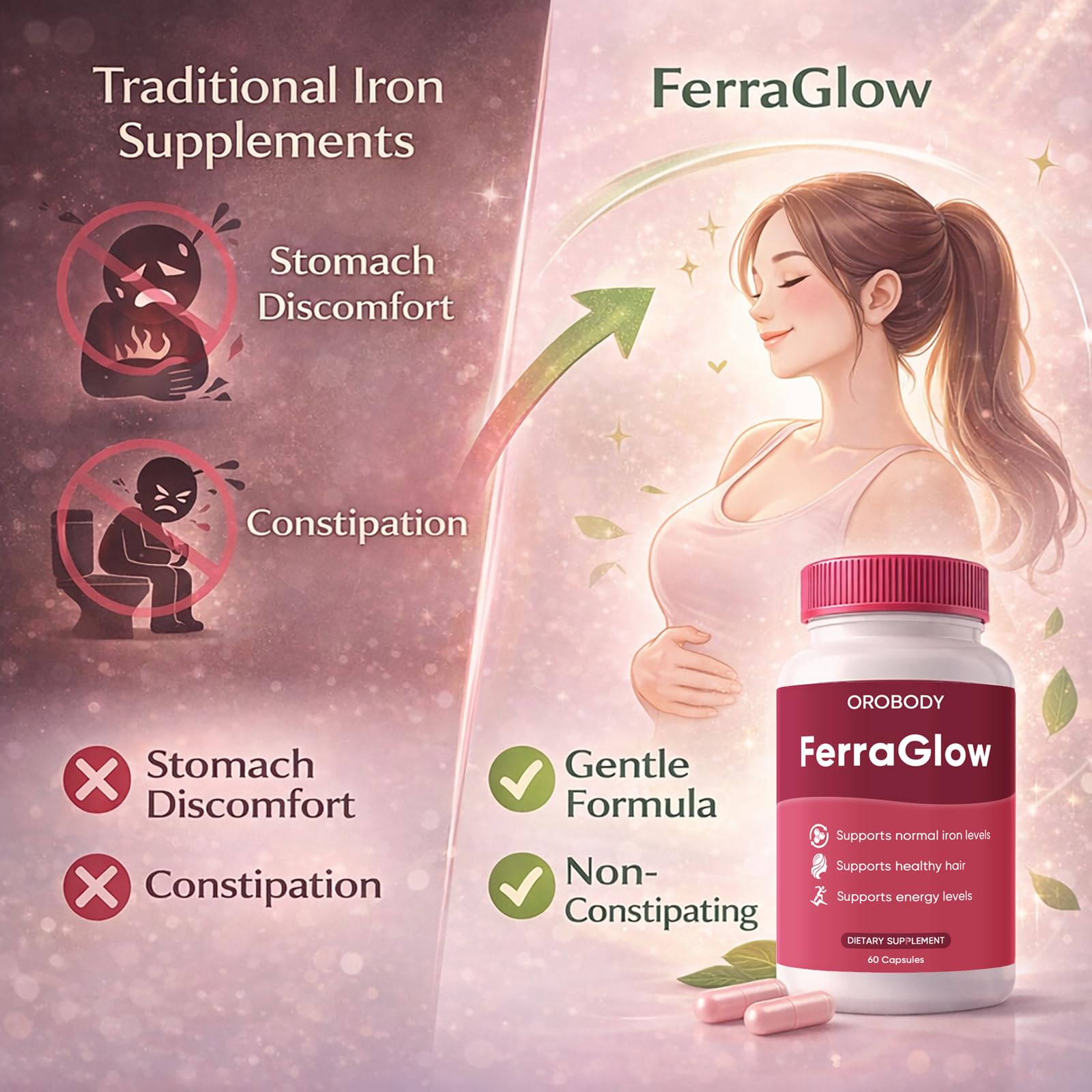 FERRAGLOW Daily Iron Supplement capsules on a table