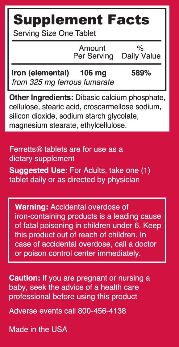 Ferretts Iron Supplement 106mg Elemental Iron capsules on a wooden table
