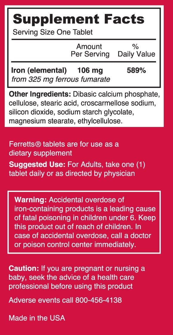 Ferretts Iron Supplement 325mg Ferrous Fumarate close-up of tablet