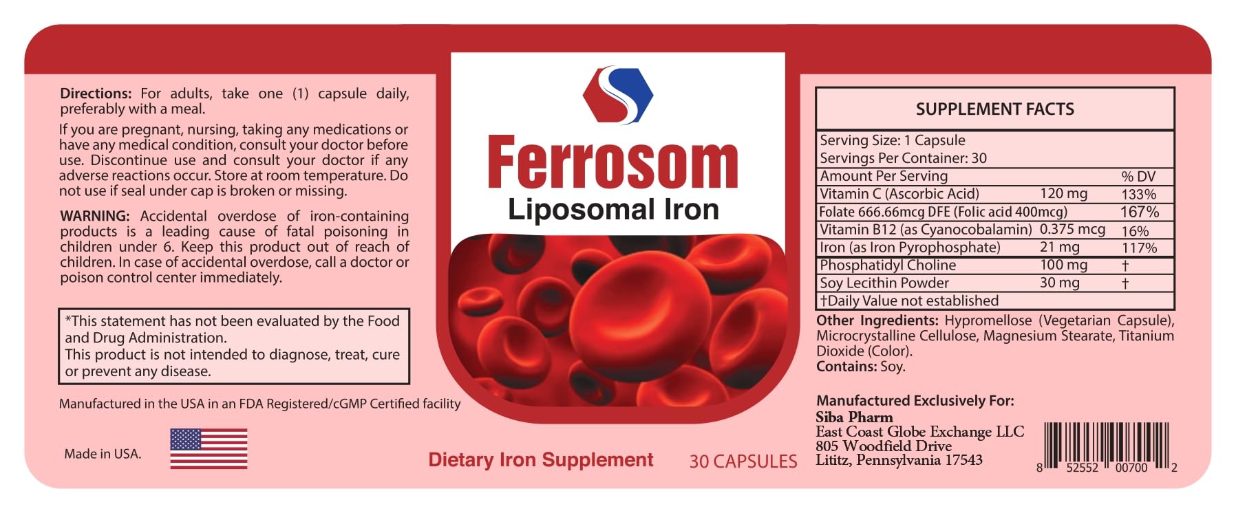 Ferrosom Iron Supplement Capsules side view showing dosage