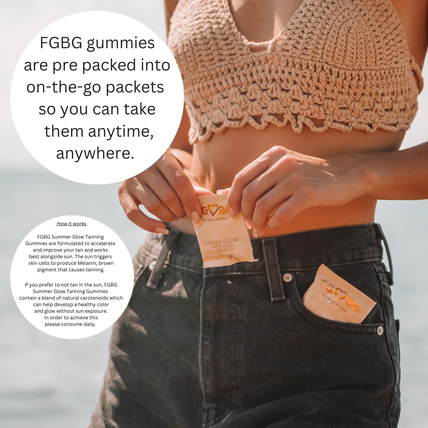 FGBG Summer Glow Gummies sachet opened revealing gummies