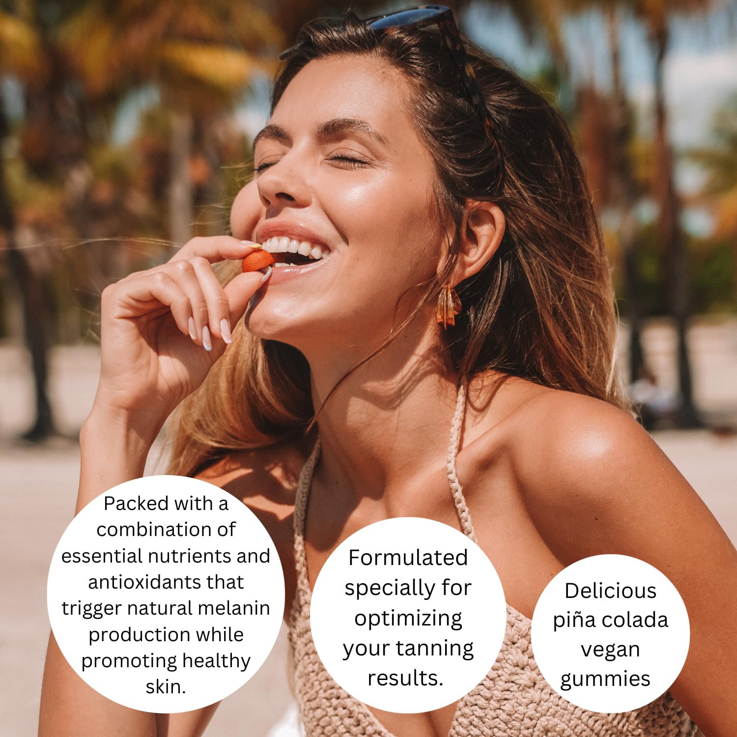 FGBG Summer Glow Gummies with a background of tropical fruits