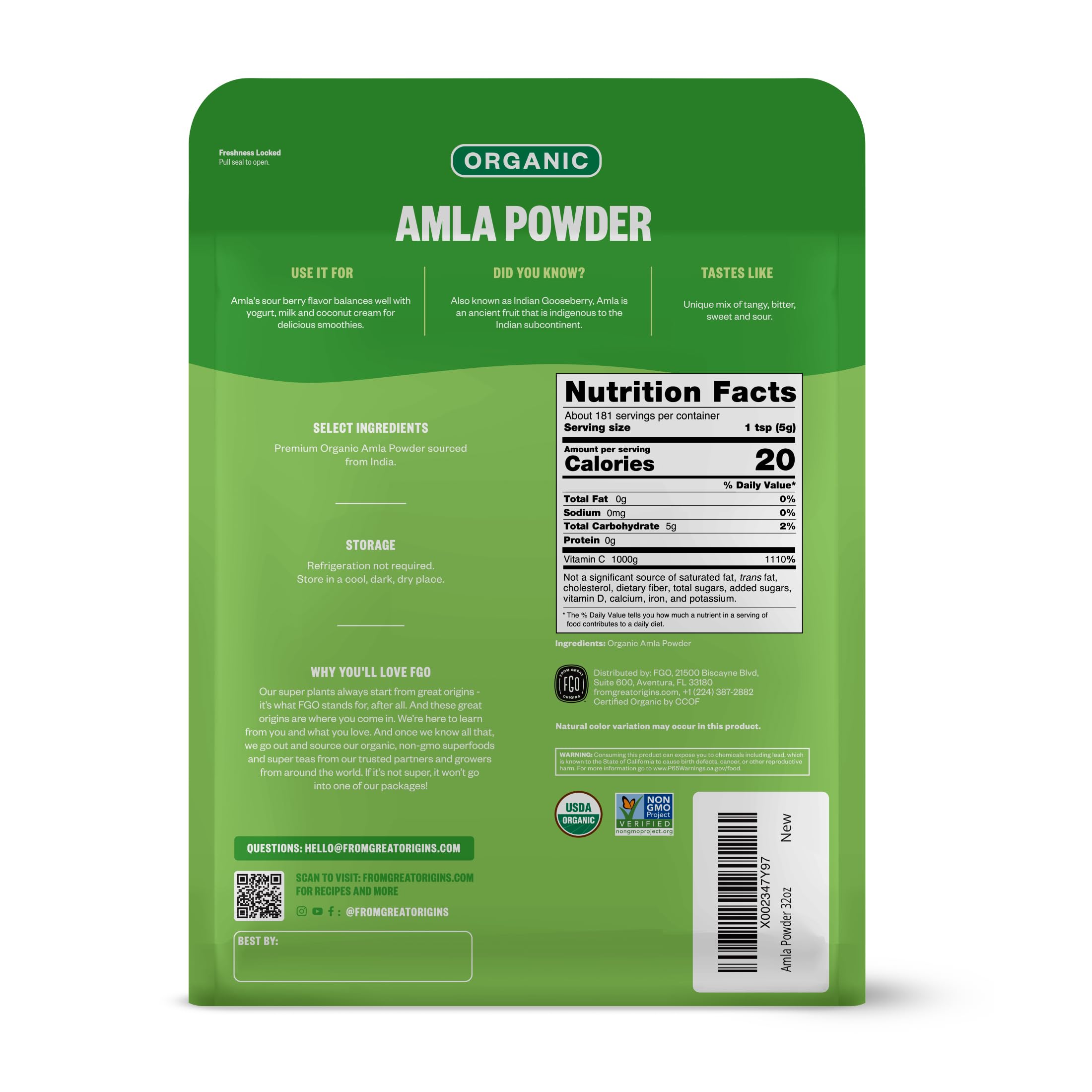 FGO Organic Amla Powder 32oz bag side view