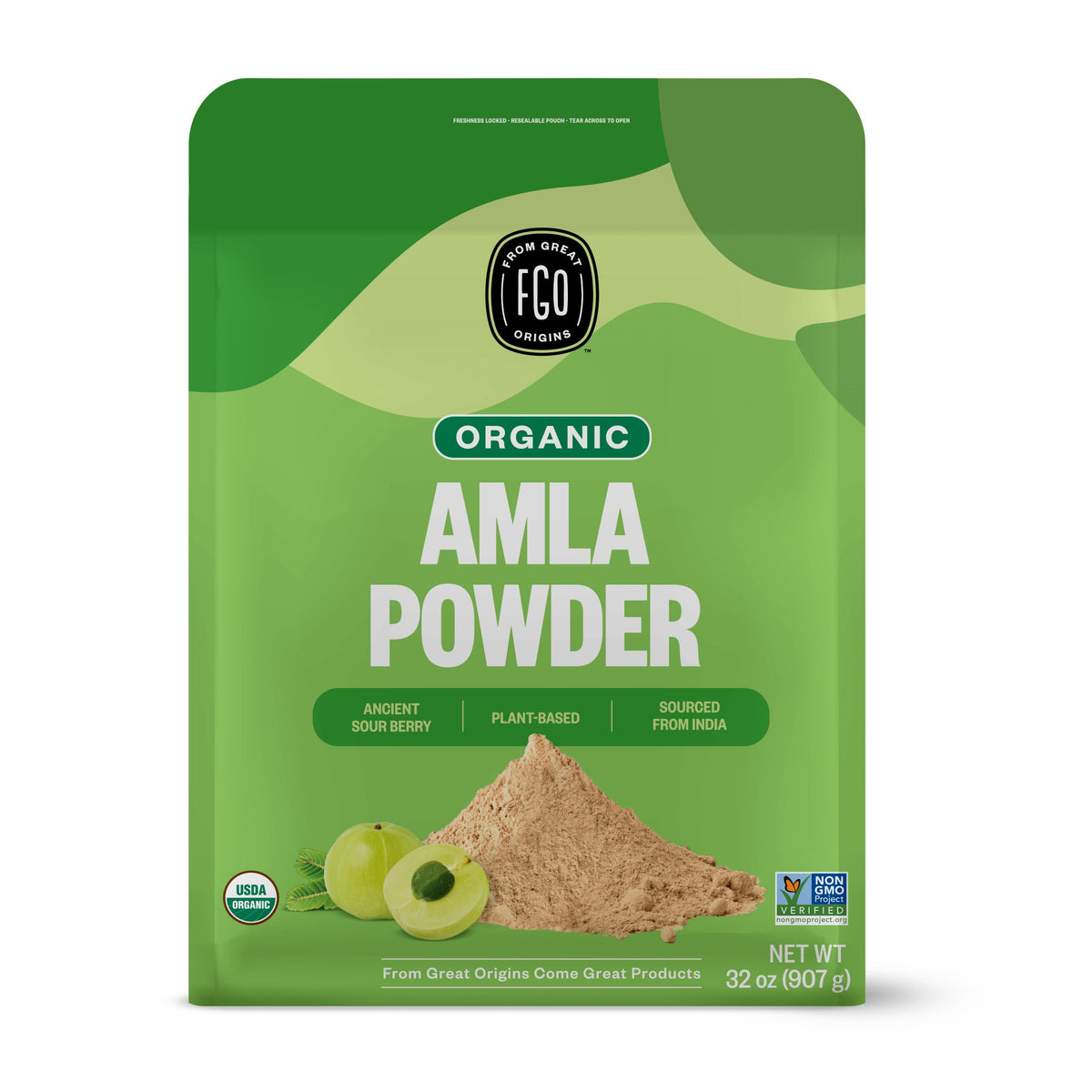 FGO Organic Amla Powder 32oz resealable bag front view