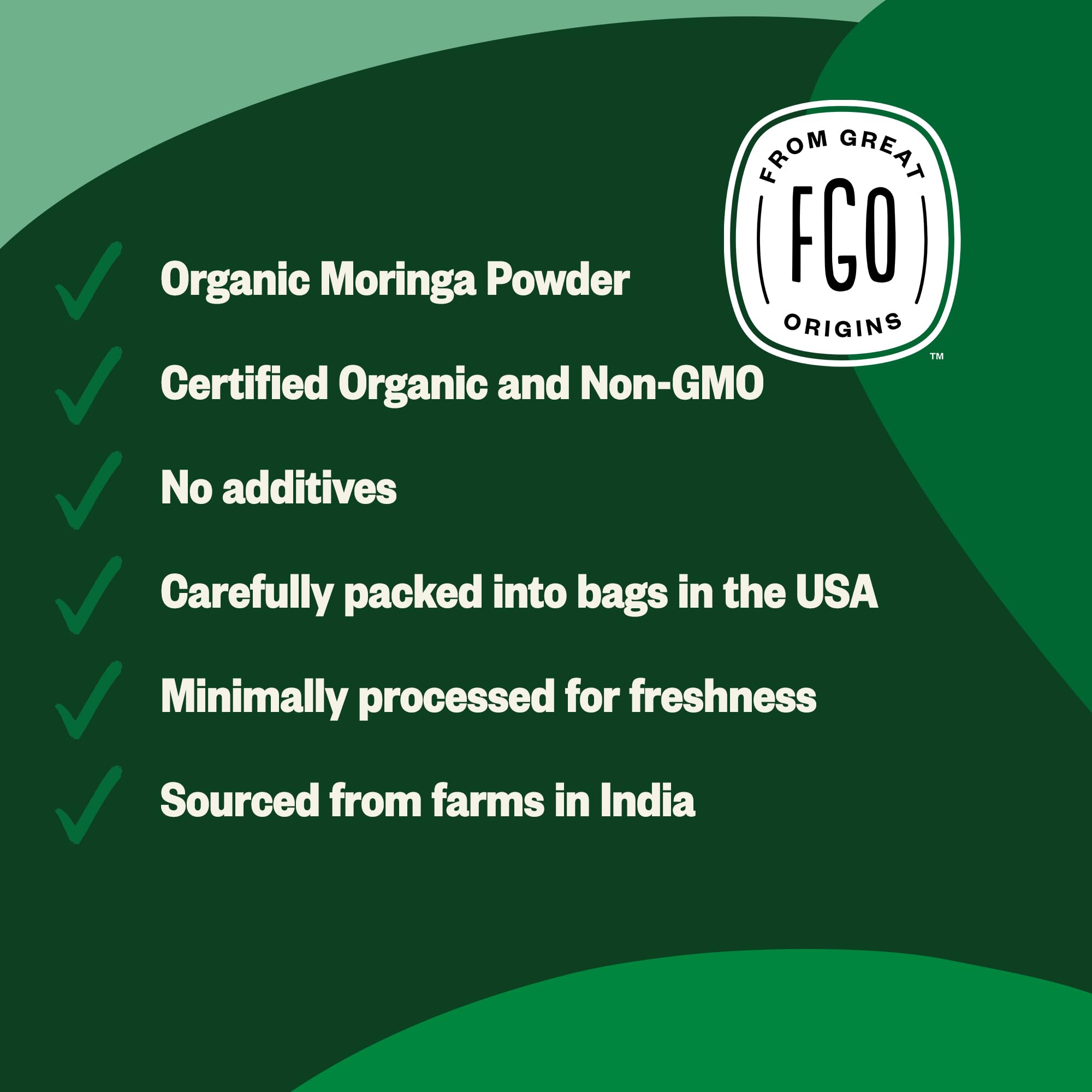 FGO Organic Moringa Leaf Powder 32oz bag open showing powder