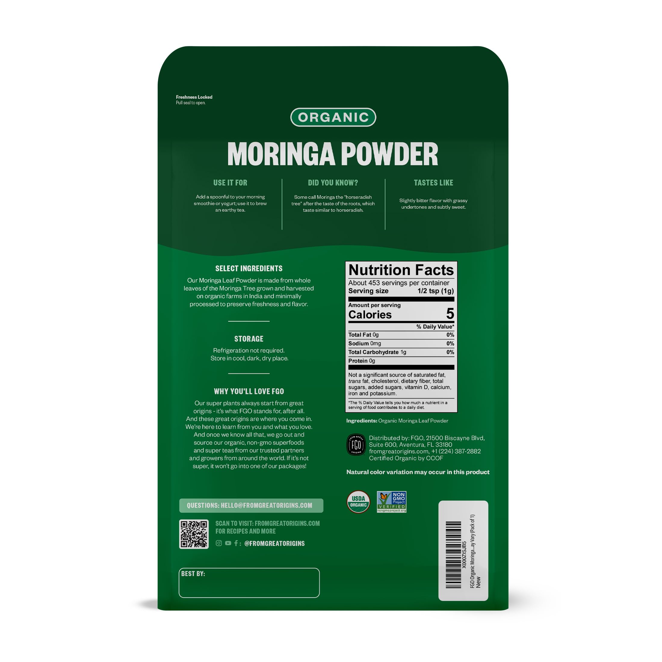 FGO Organic Moringa Leaf Powder 32oz bag side view