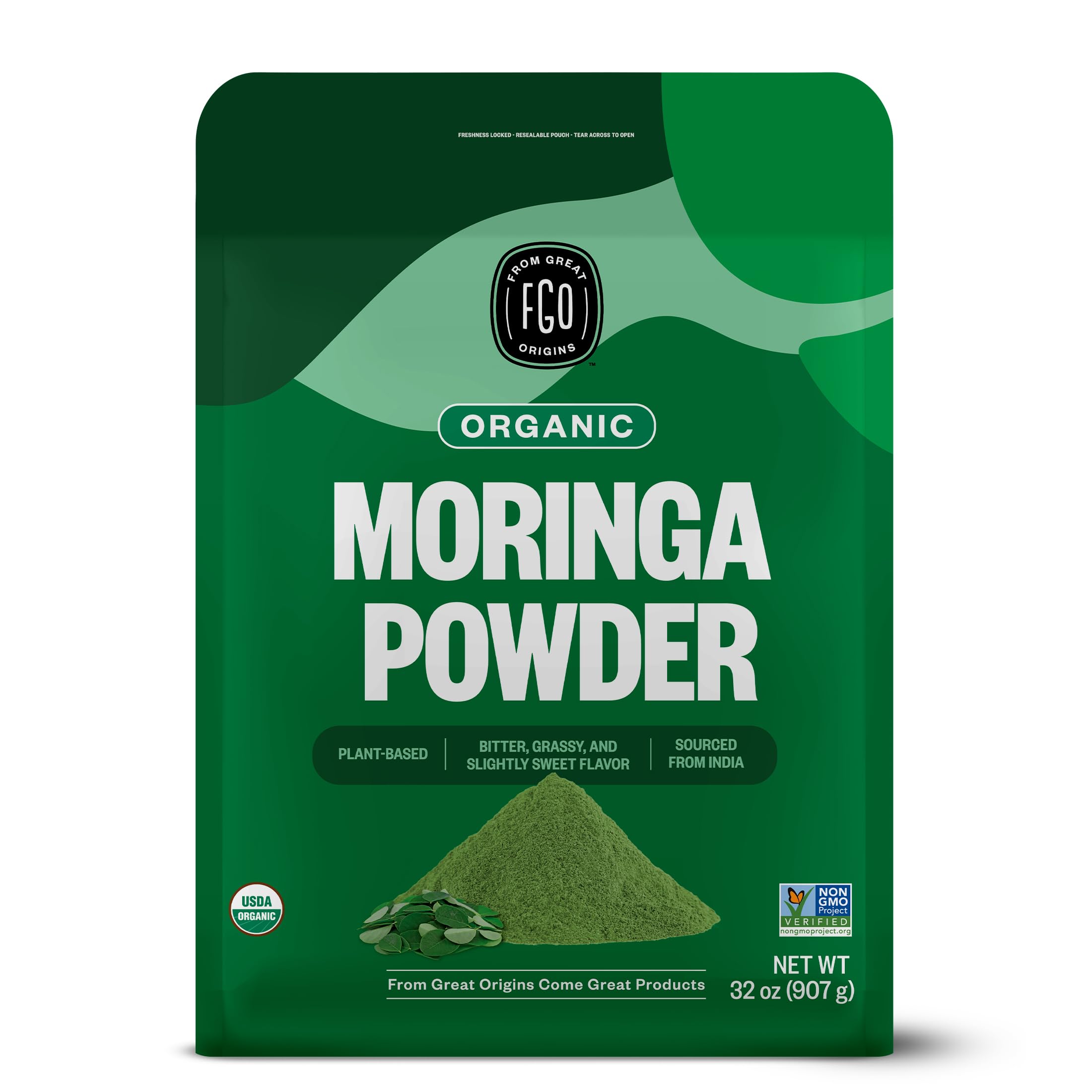 FGO Organic Moringa Leaf Powder 32oz resealable bag front view