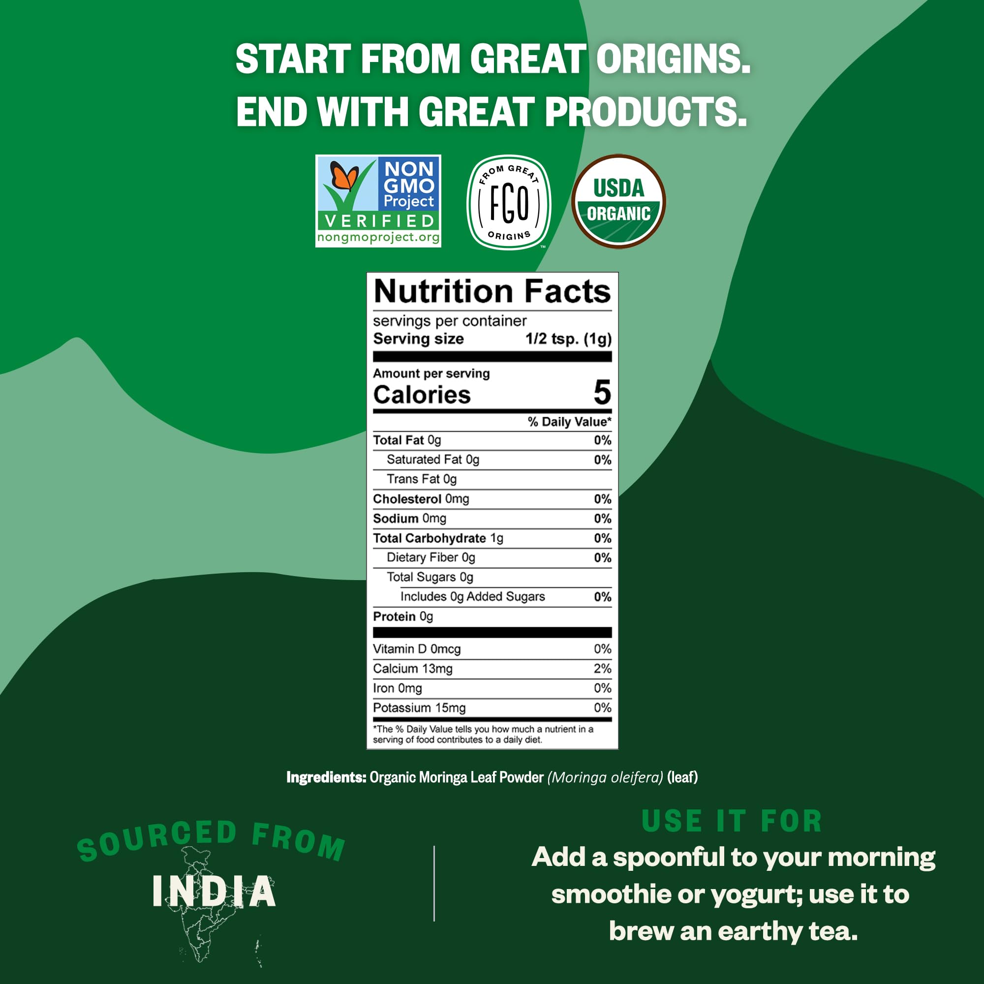 FGO Organic Moringa Leaf Powder 32oz with spoon for serving