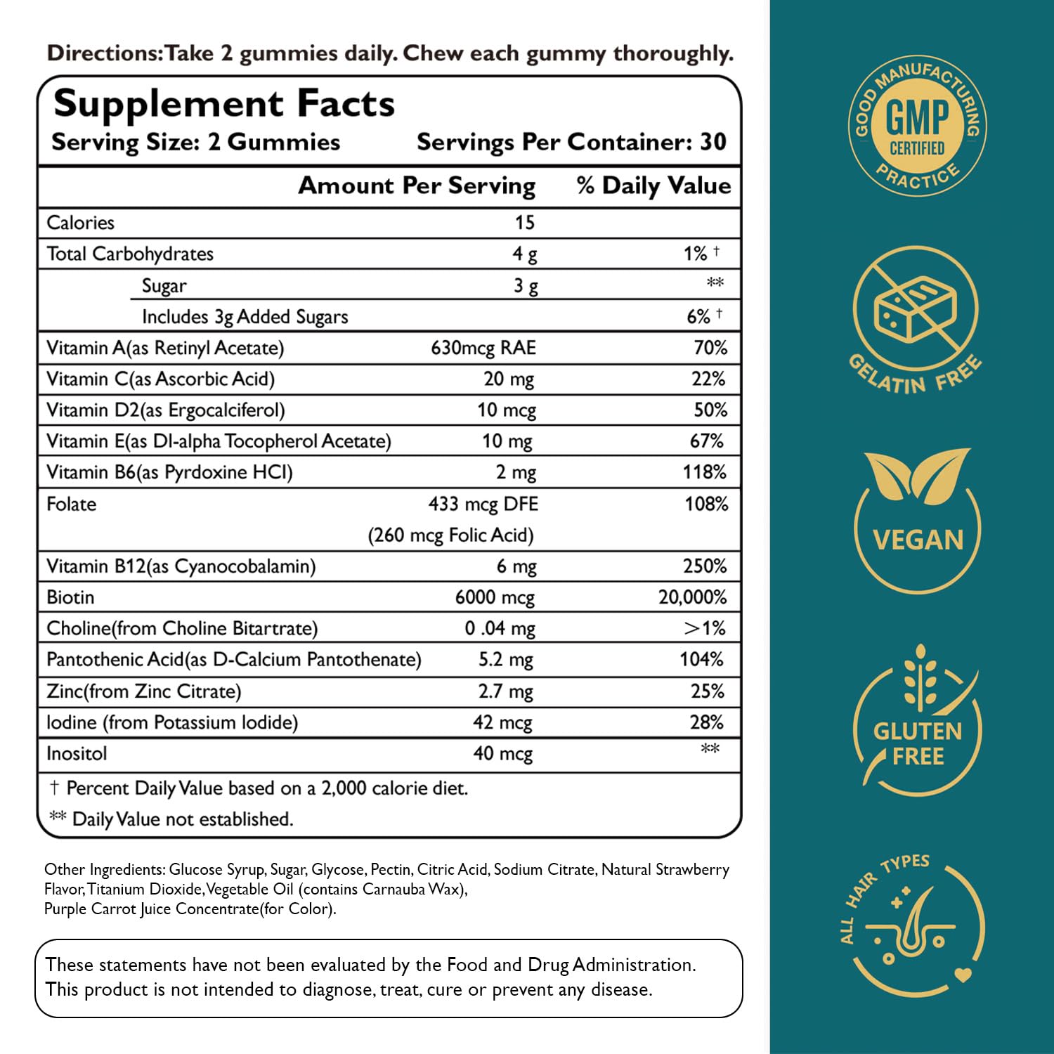 Ficpoud Biotin Gummies back view showing nutritional information