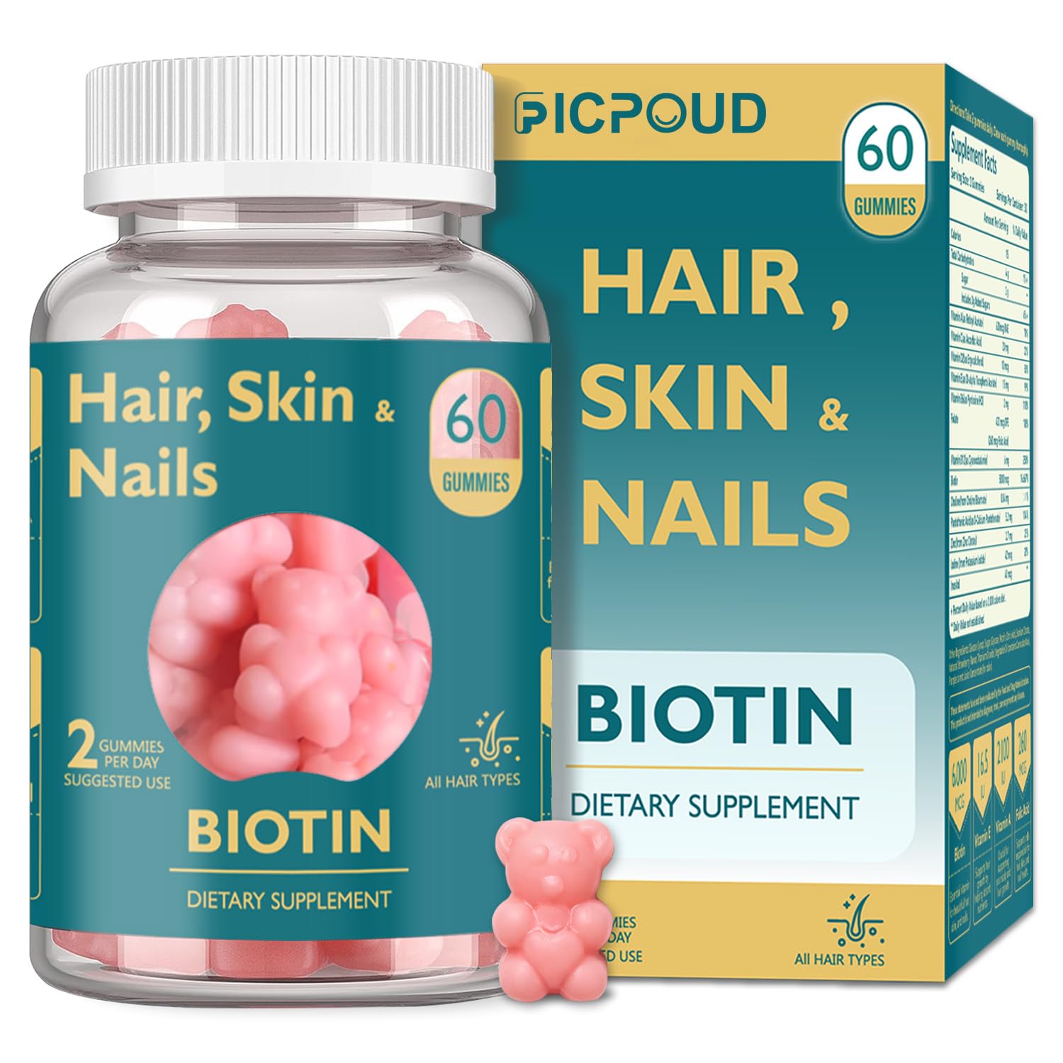Ficpoud Biotin Gummies bottle front view with 60 gummies