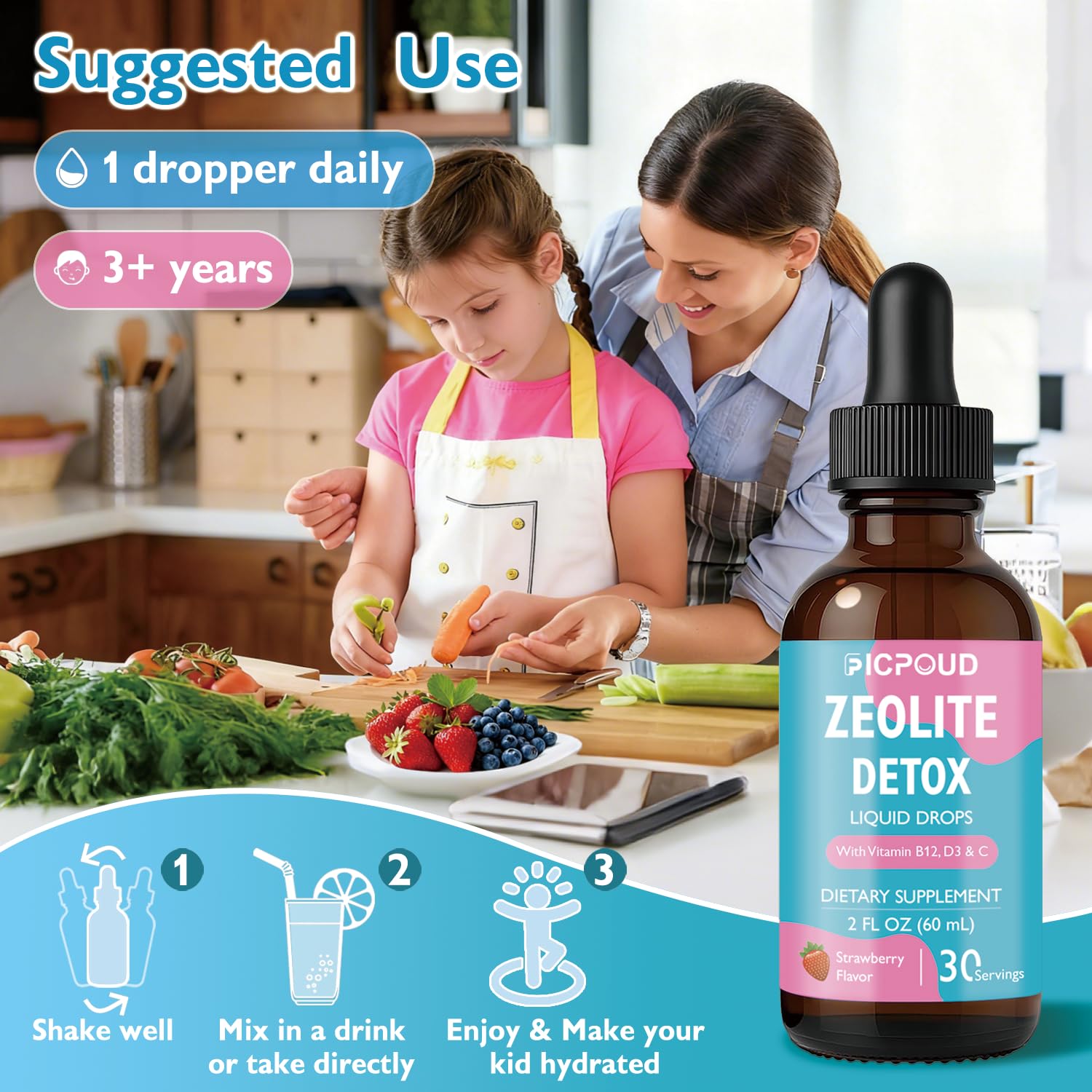Ficpoud Zeolite Drops 30ml with water and juice