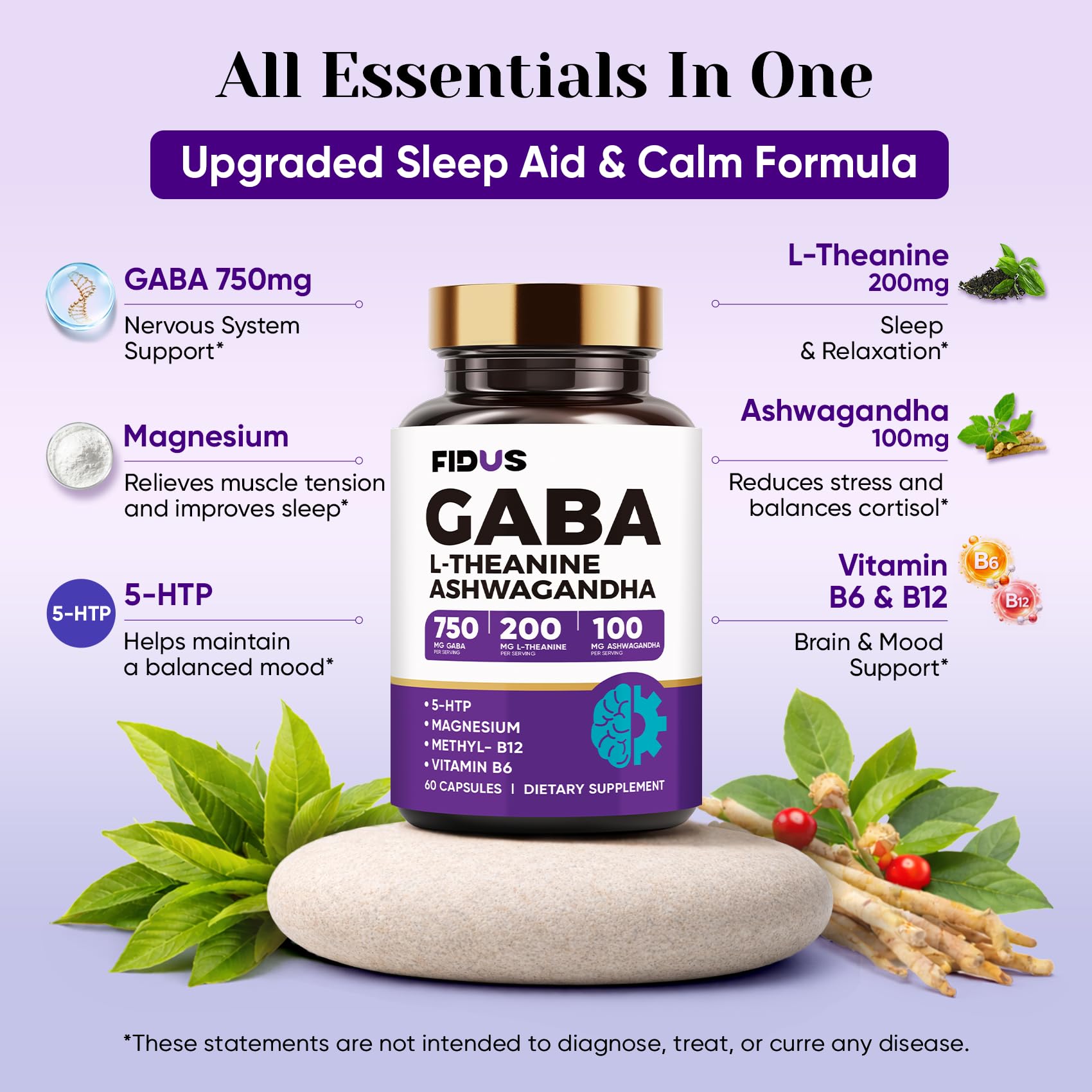 Fidus GABA Supplements 1050mg Blend capsules on a wooden table