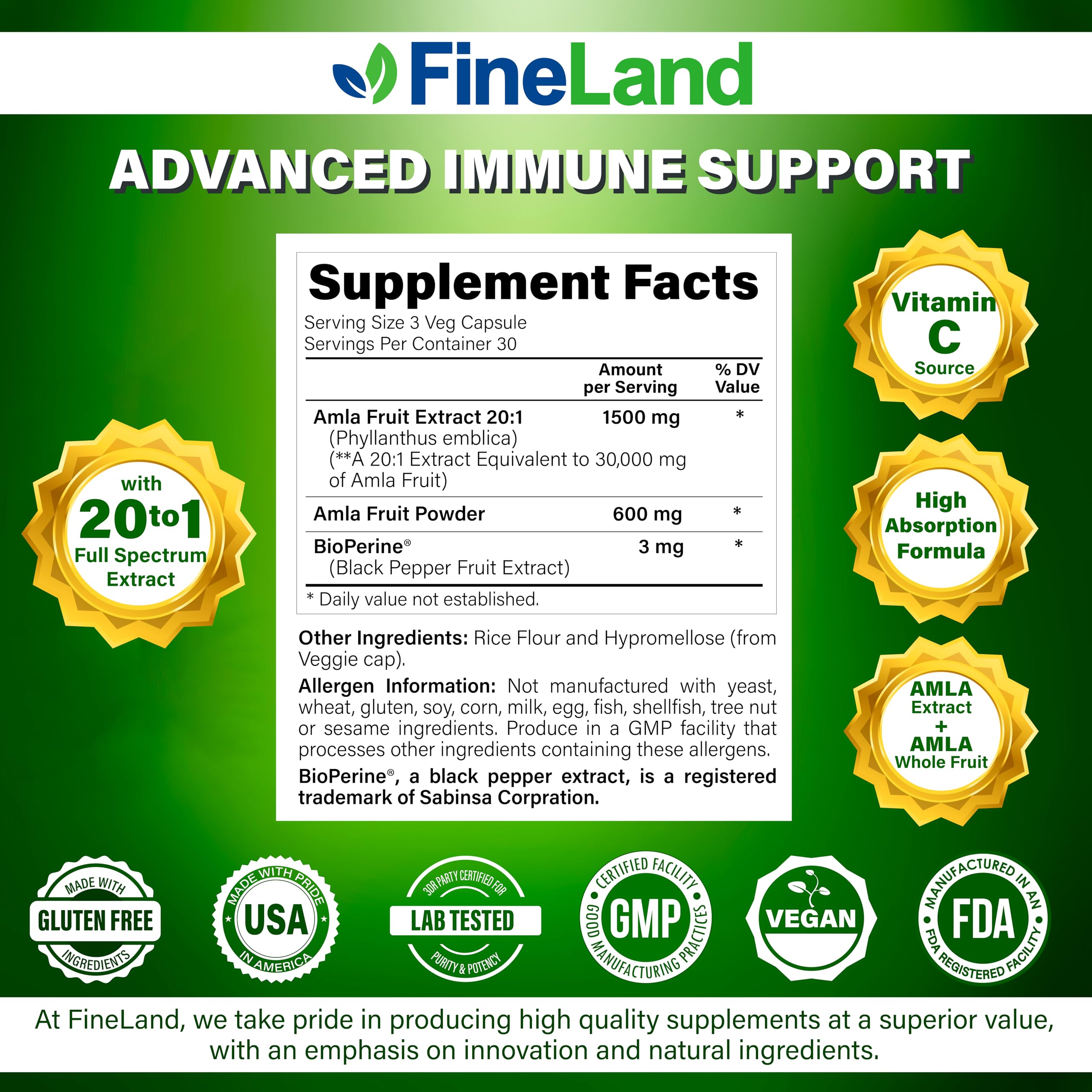 FineLand Amla Extract 20:1 ingredients list on packaging