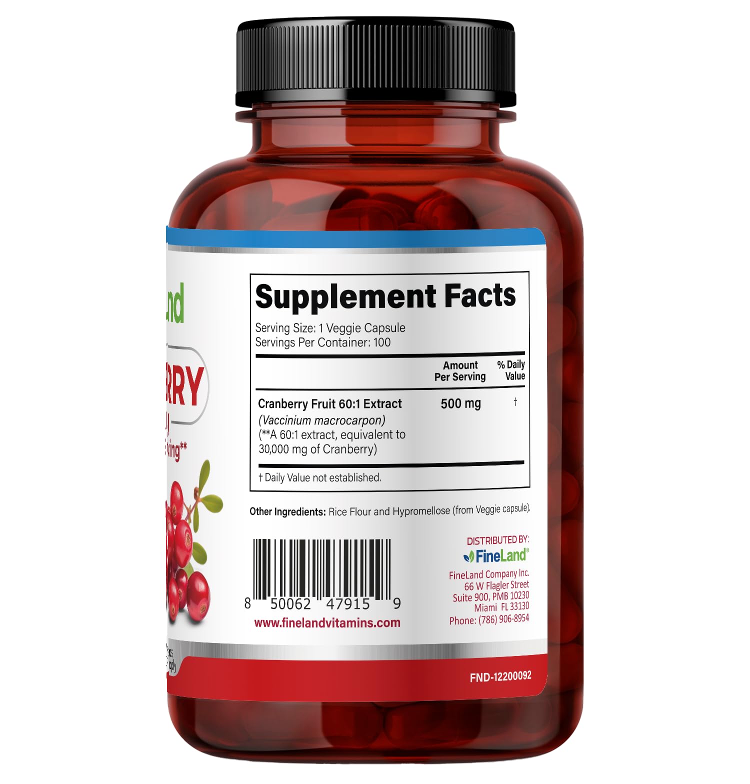 FineLand Cranberry Extract Capsules packaging on a wooden table
