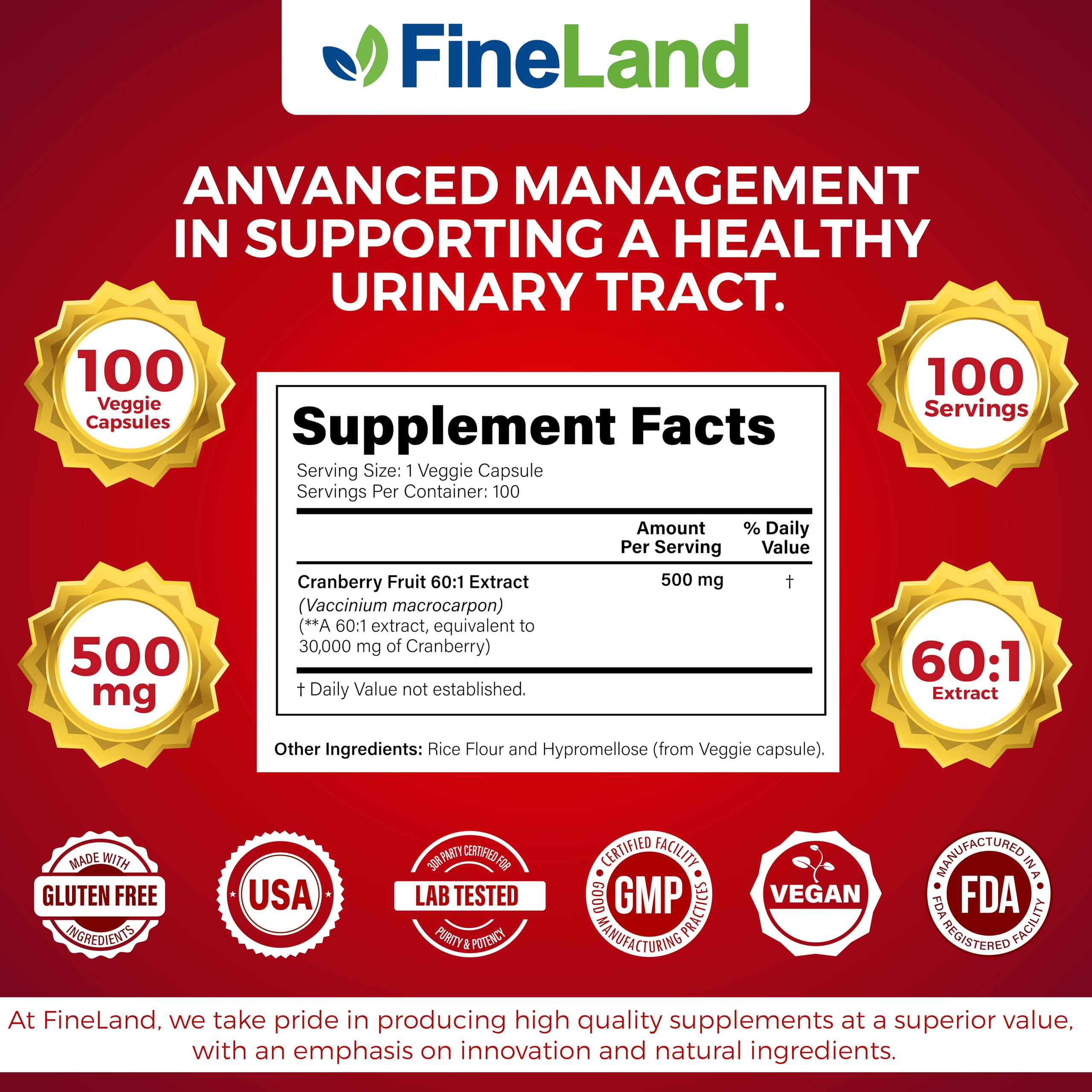 FineLand Cranberry Extract Capsules side view showing label
