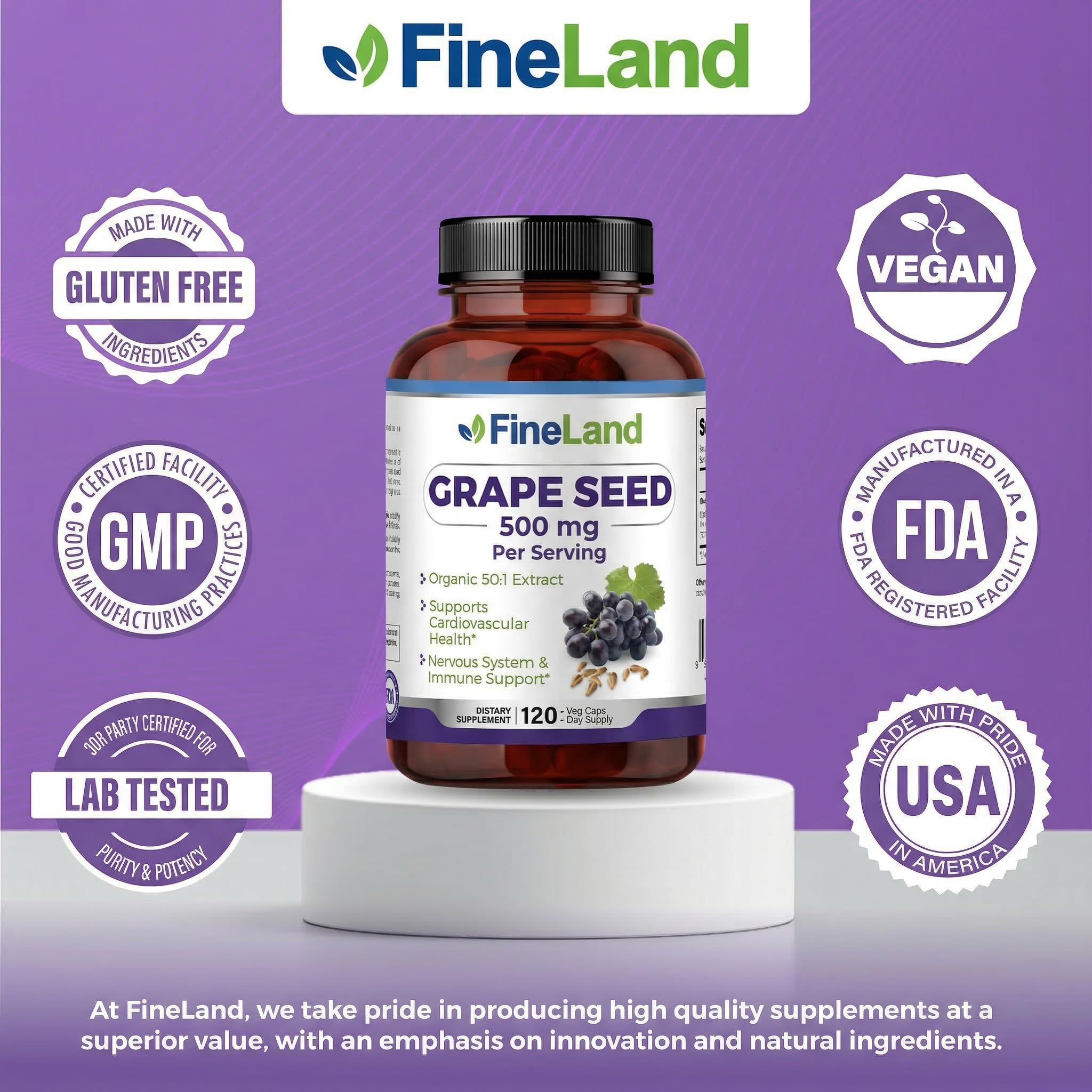 FineLand Grape Seed Extract capsule on a wooden table