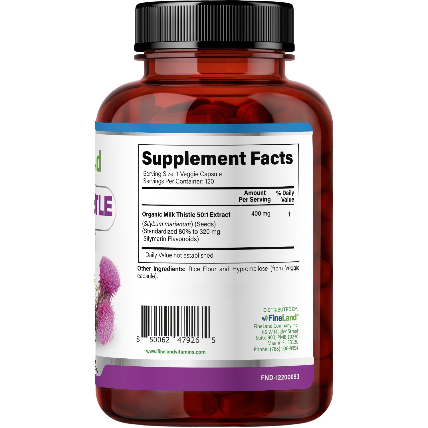 FineLand Milk Thistle Capsules side view showing capsule size