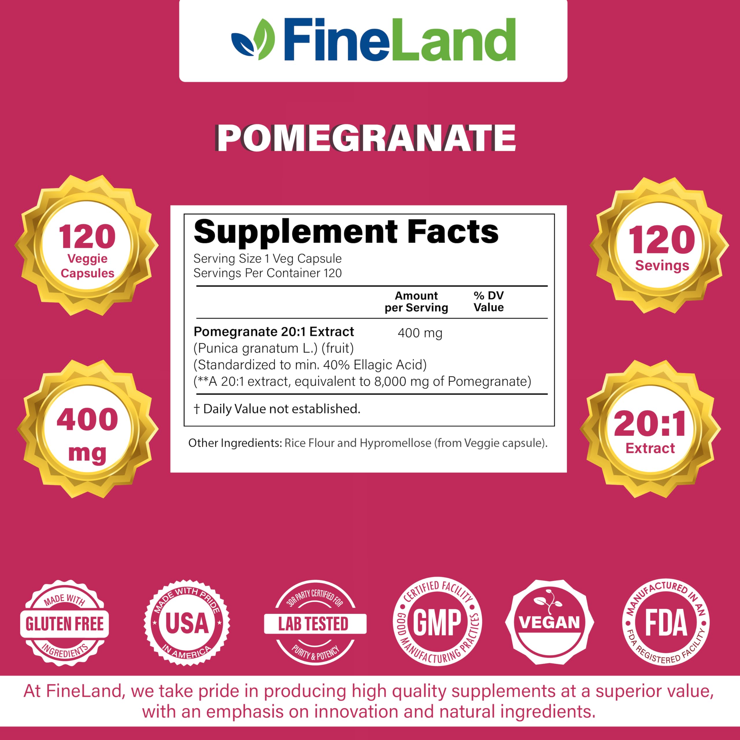 FineLand Pomegranate Extract capsules on a wooden table