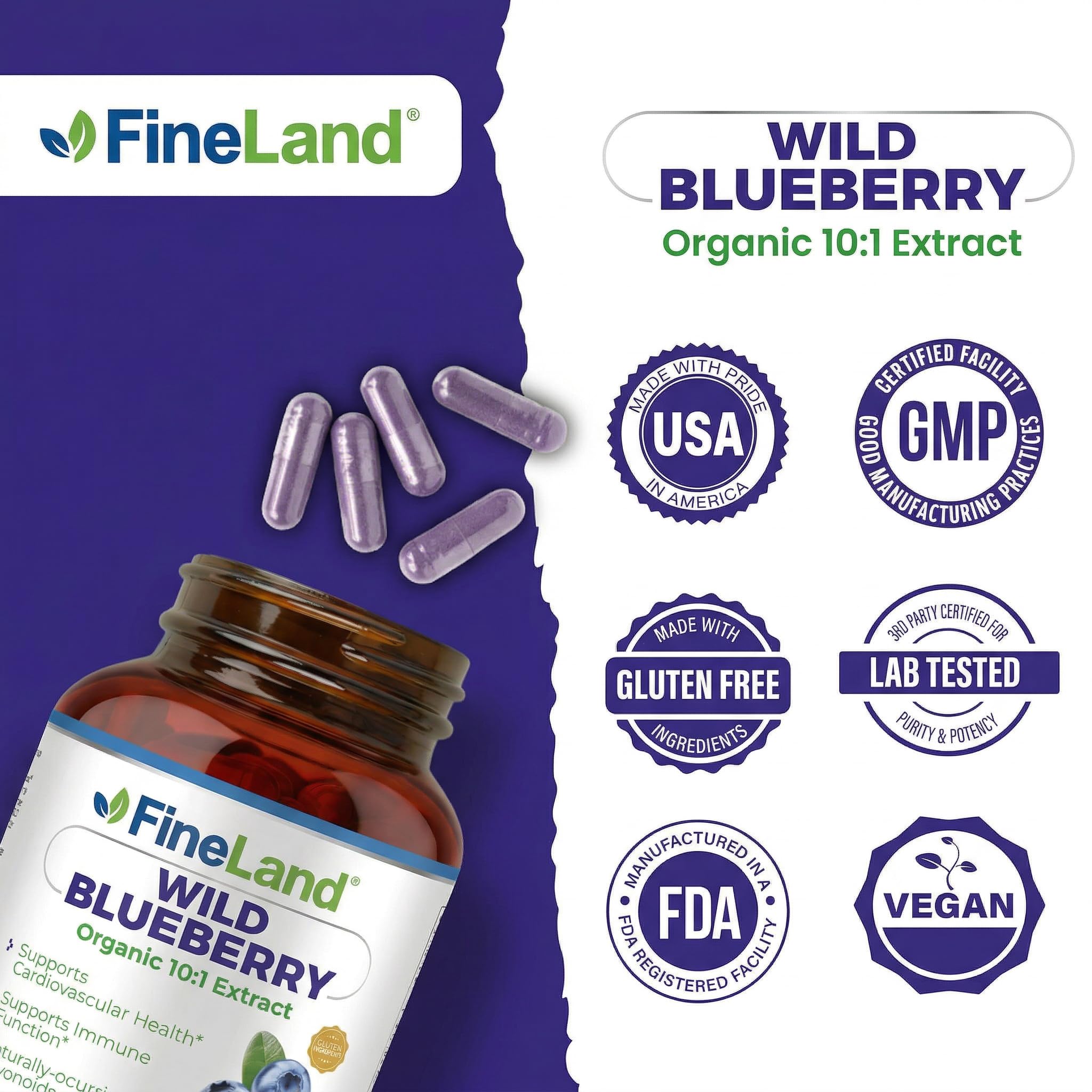 FineLand Wild Blueberry Extract Capsules on a wooden surface