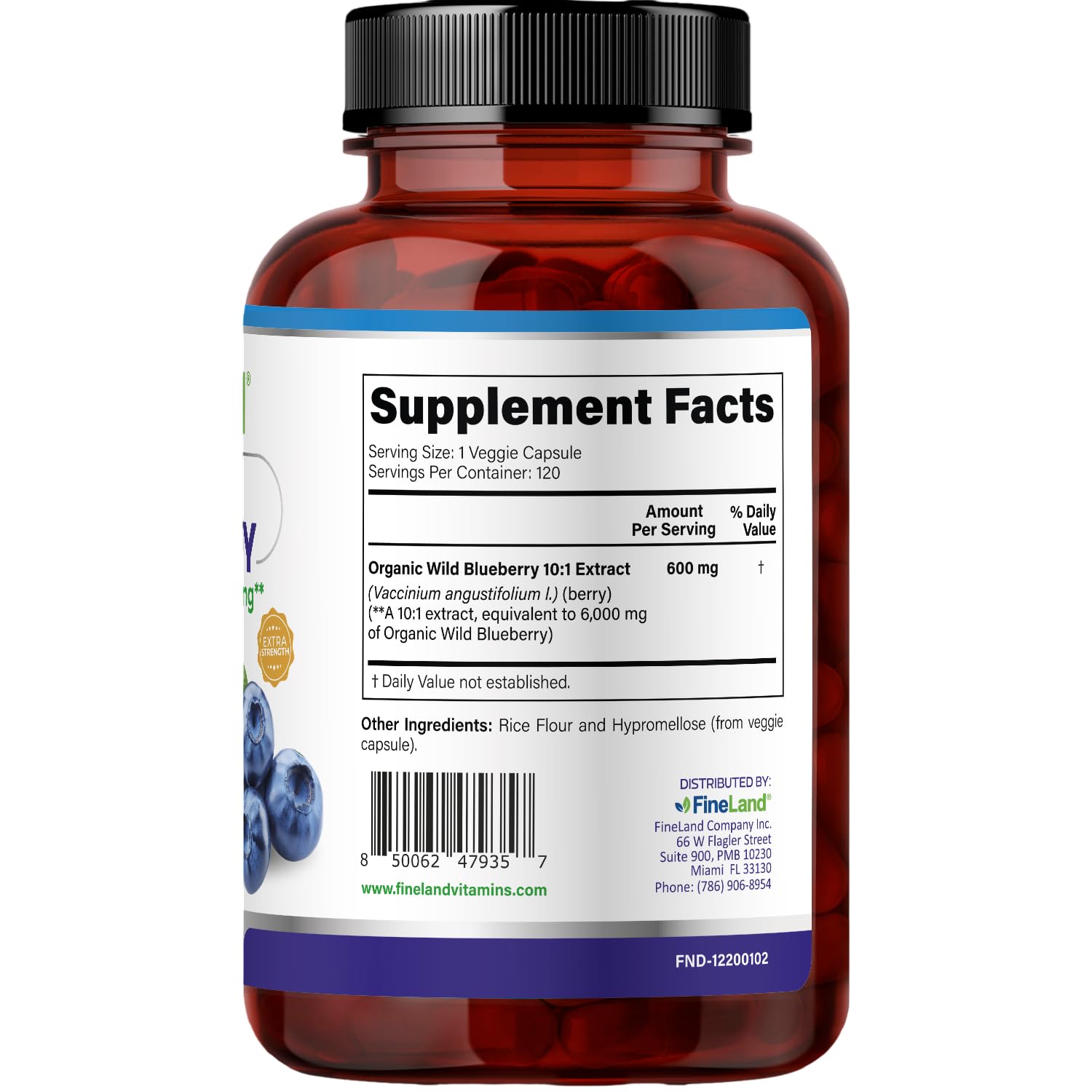 FineLand Wild Blueberry Extract Capsules with measuring spoon for dosage