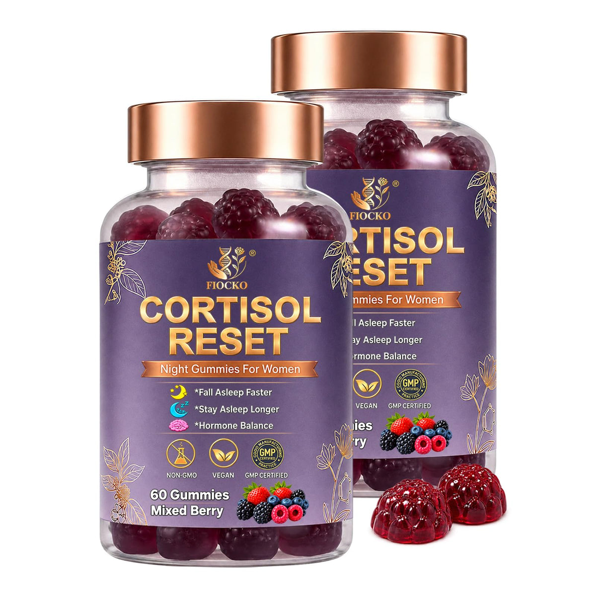 fiocko Cortisol Support Gummies bottle front view with mixed berry flavour
