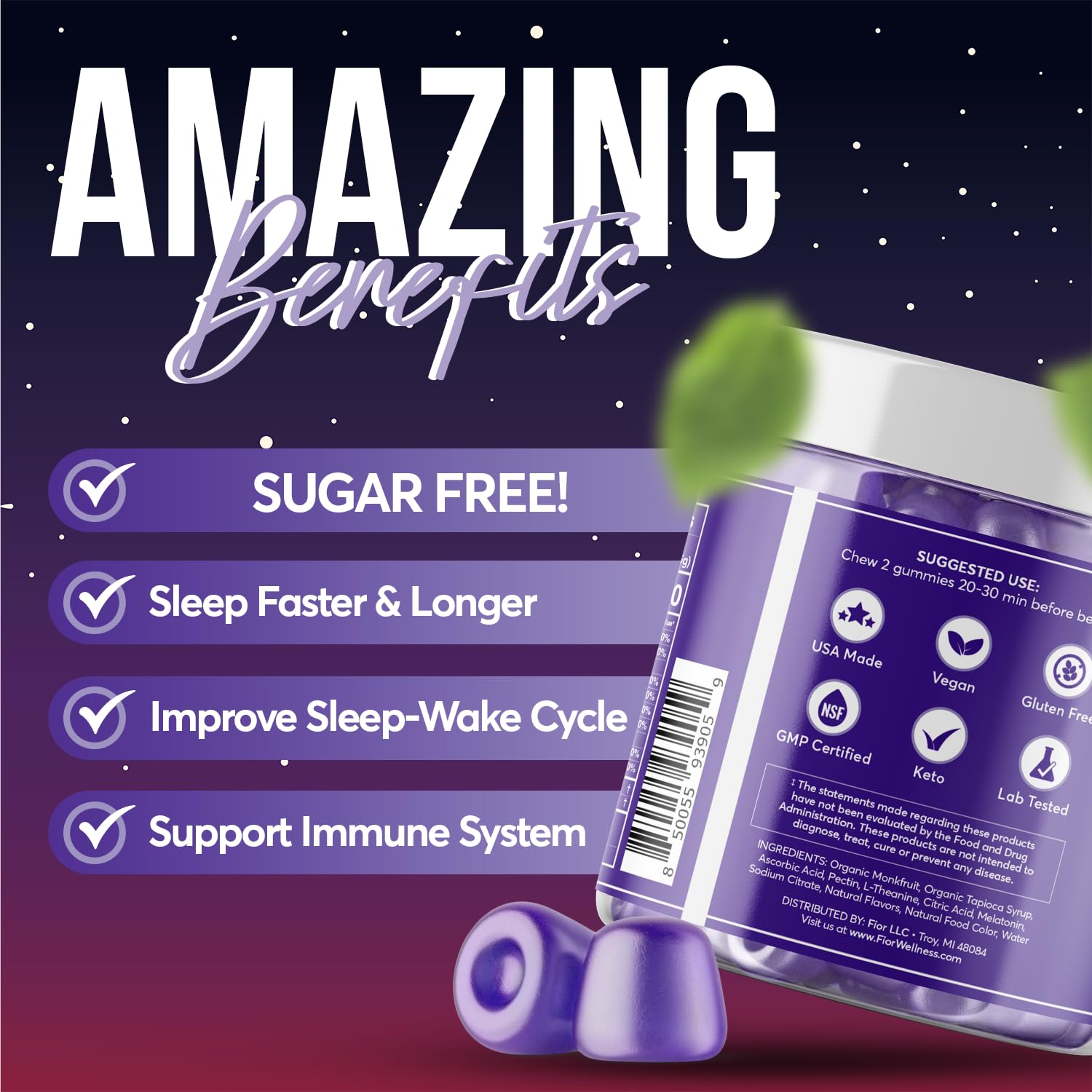 FIOR Sugar Free Sleep Aid Gummies displayed on a nightstand