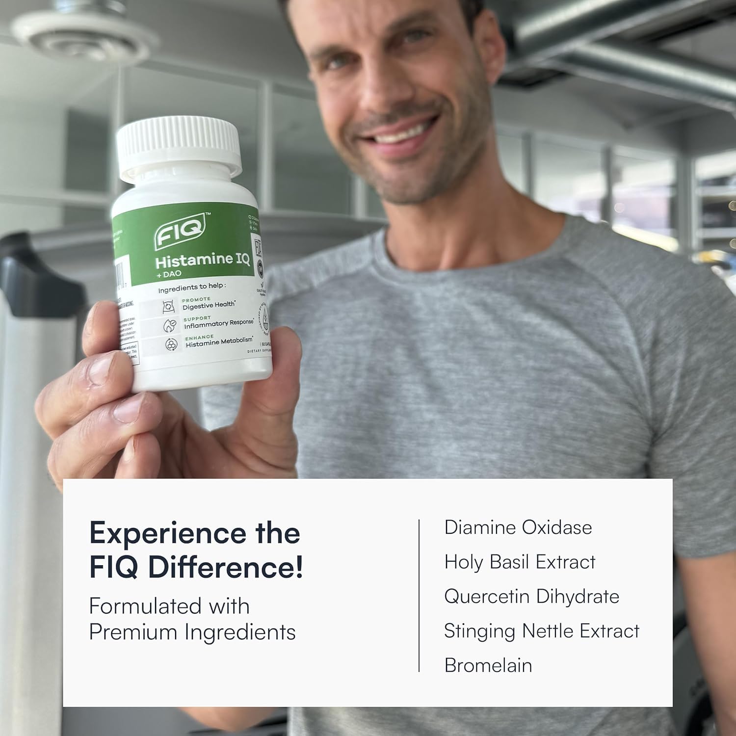 FIQ Histamine IQ Multi-Enzymes 300mg capsules on a white background