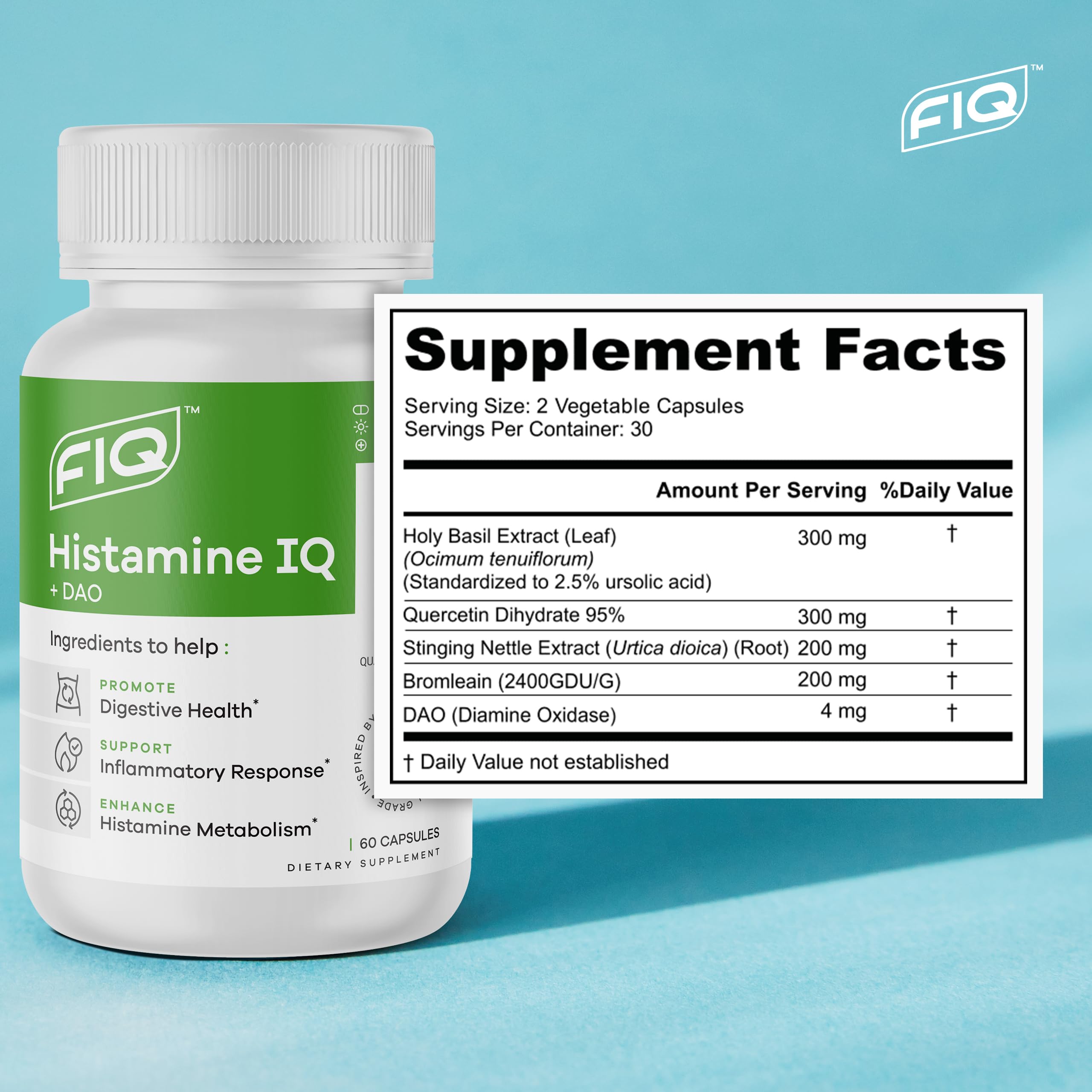 FIQ Histamine IQ Multi-Enzymes 300mg ingredients list close-up