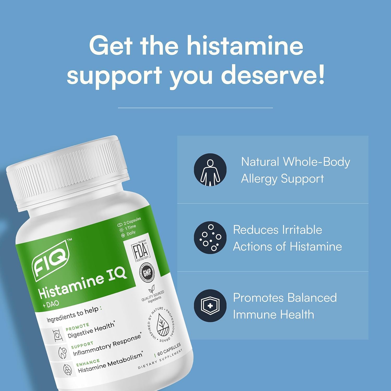 FIQ Histamine IQ Multi-Enzymes 300mg side view of bottle