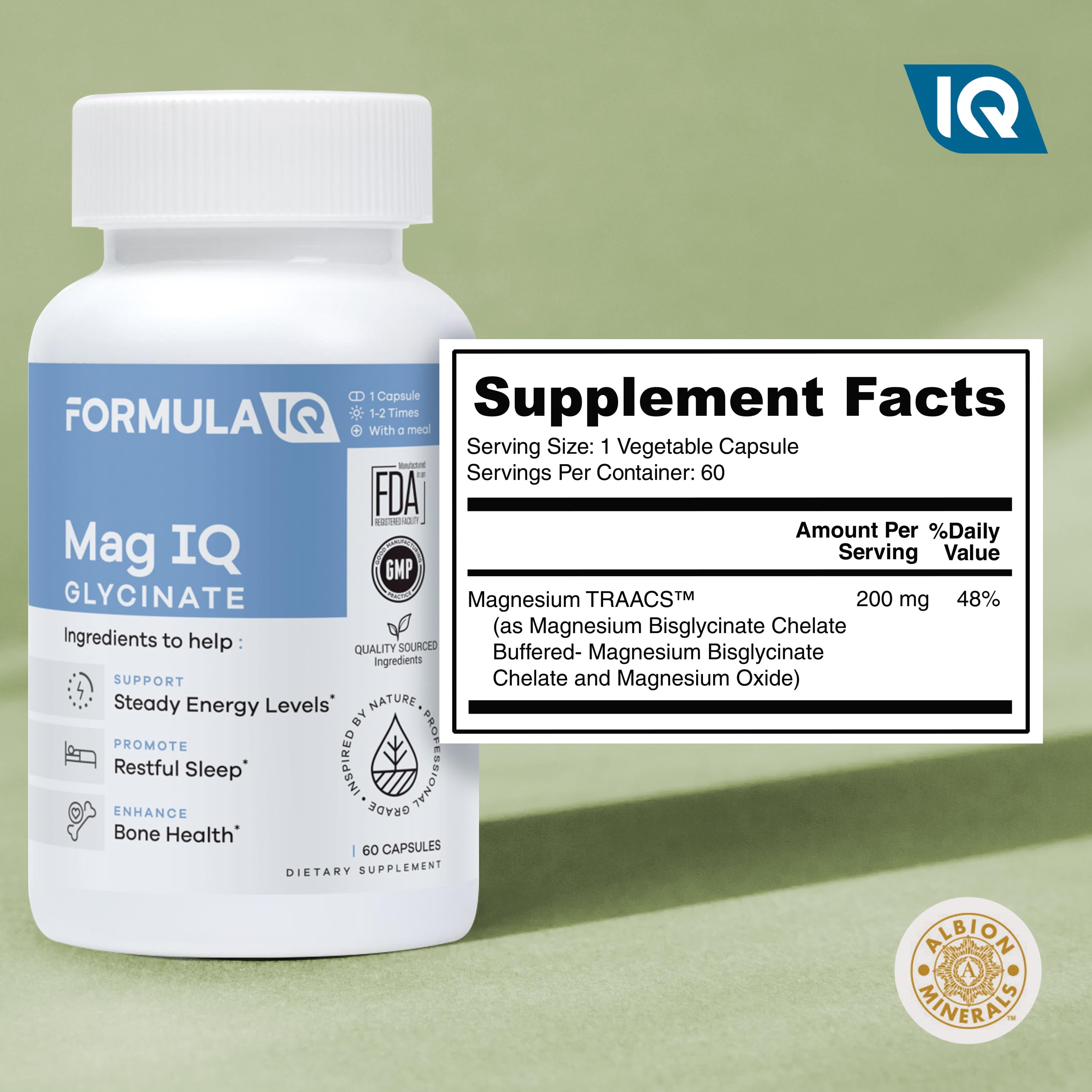 FIQ Magnesium Bisglycinate Capsules on a wooden table