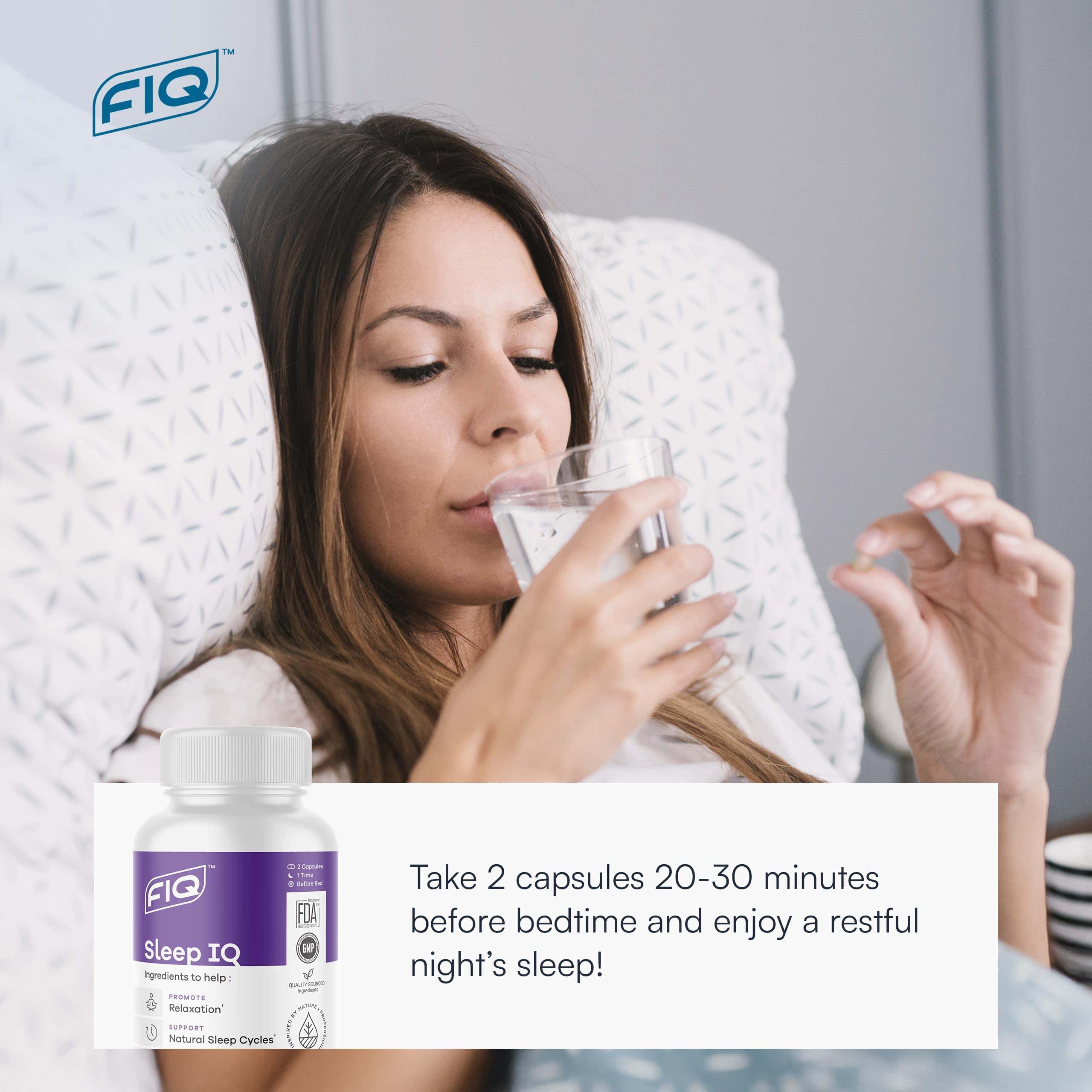 FIQ Sleep IQ Sleep Aid capsules in hand