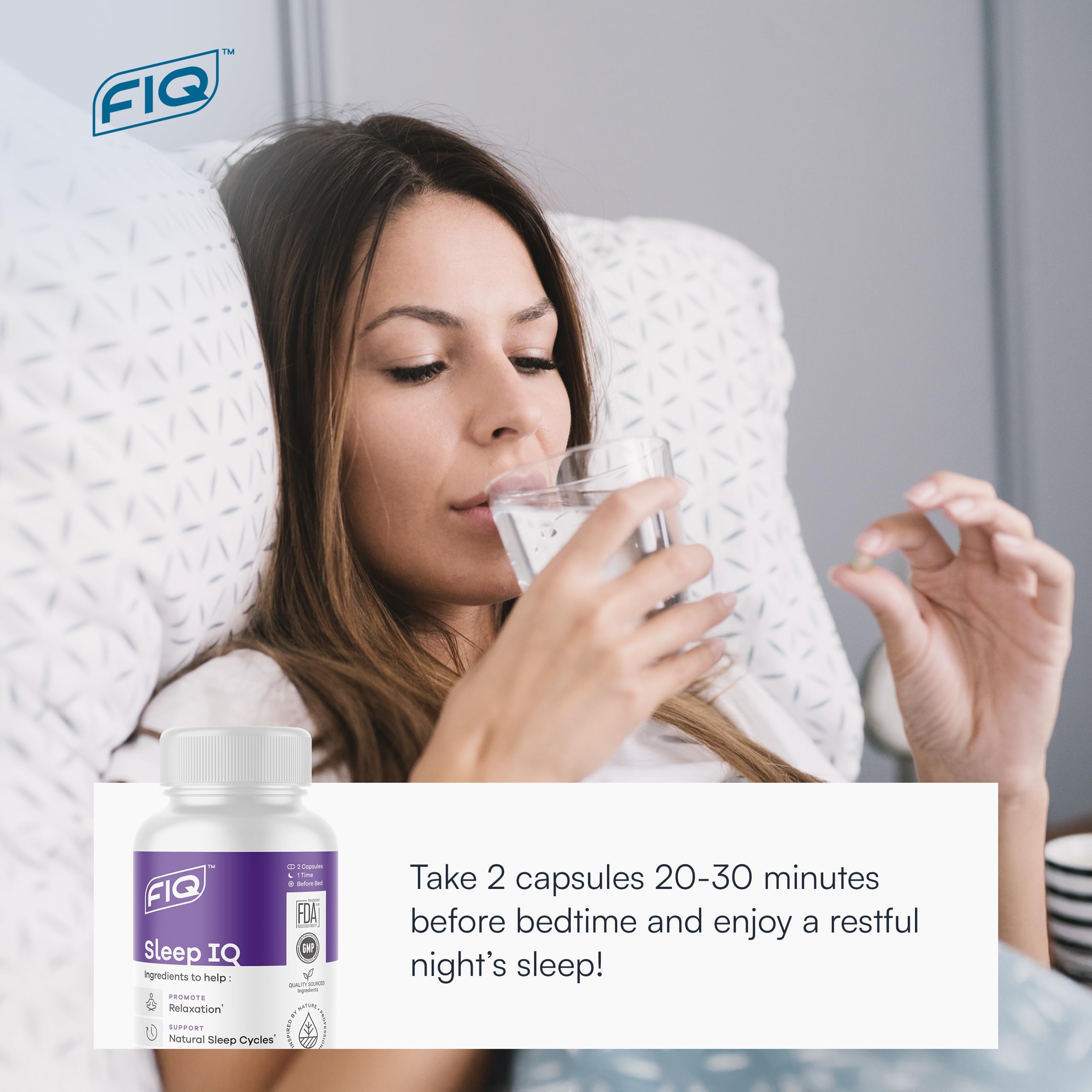 FIQ Sleep IQ Sleep Aid capsules in hand