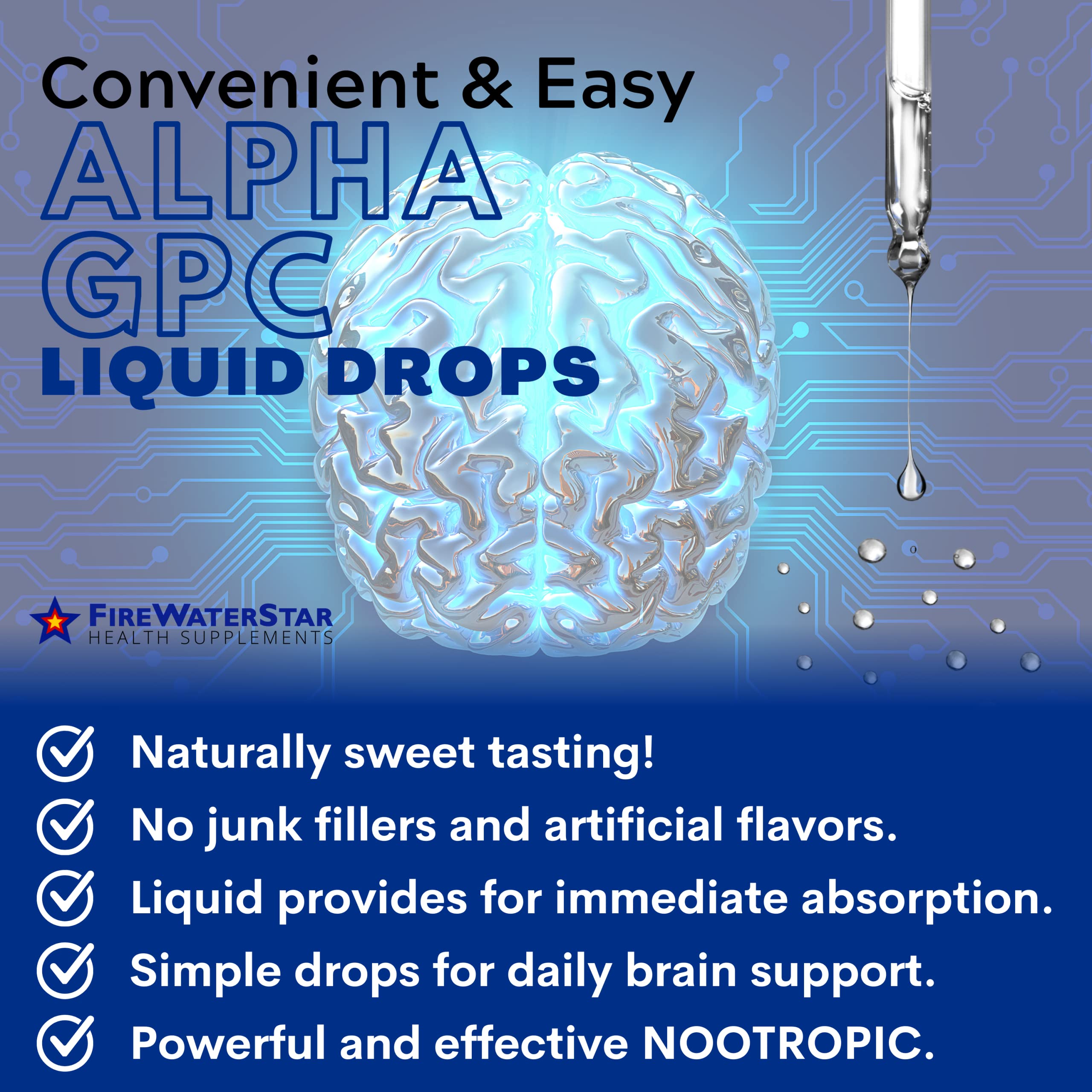 FIREWATERSTAR Alpha GPC packaging with dropper