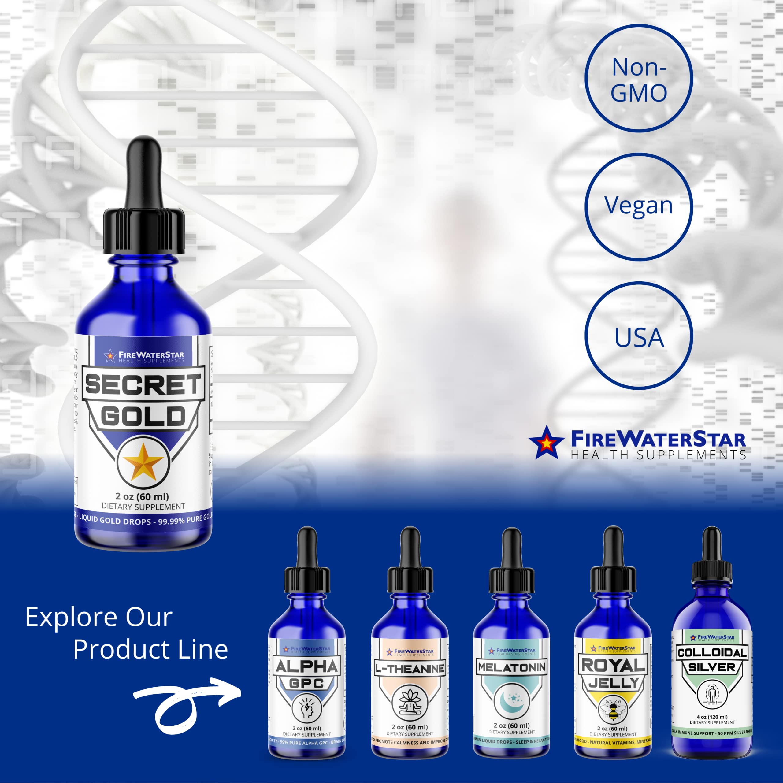 FIREWATERSTAR Colloidal Gold 99.99% Pure product on wooden table