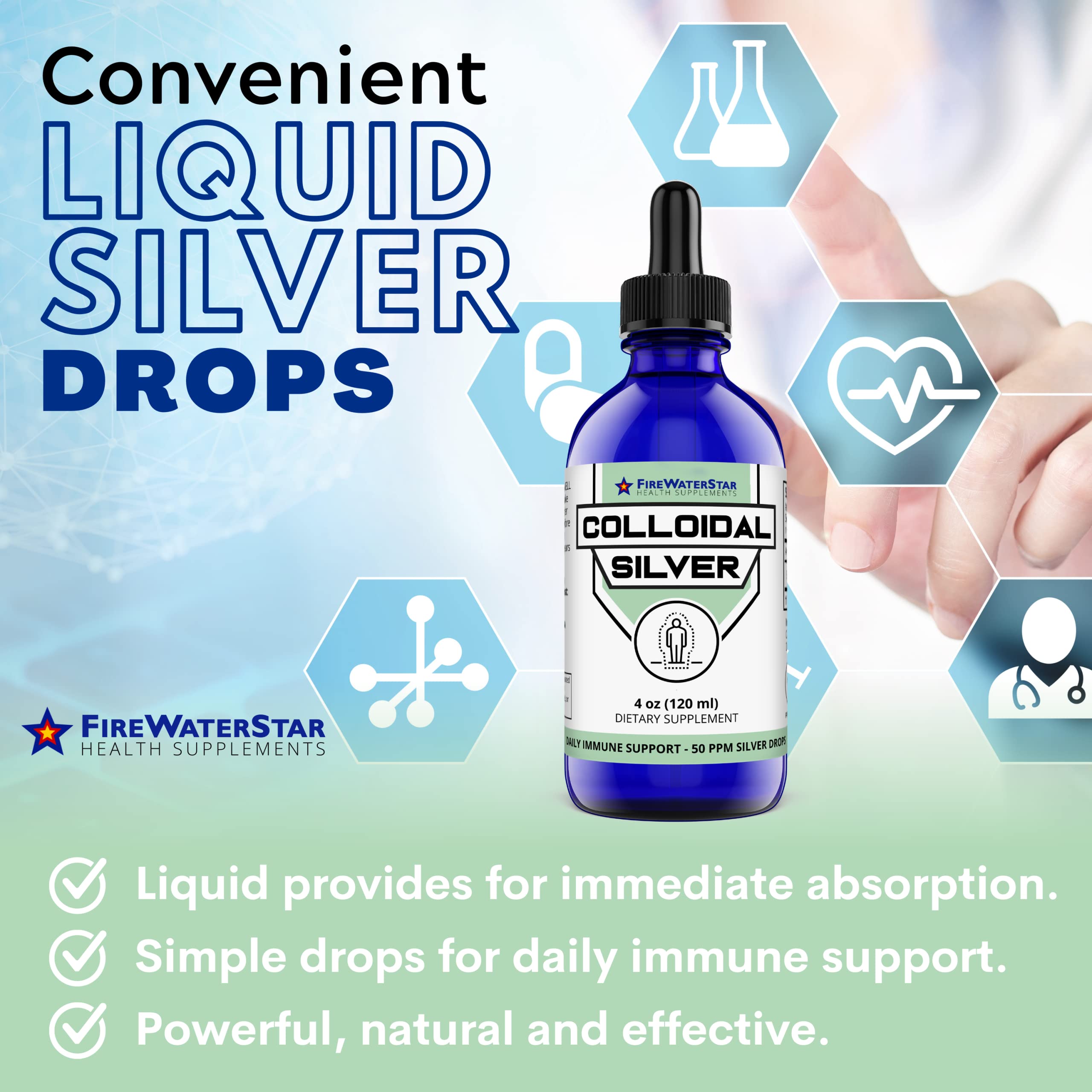 FIREWATERSTAR Colloidal Silver Liquid Drops 50 ppm glass bottle